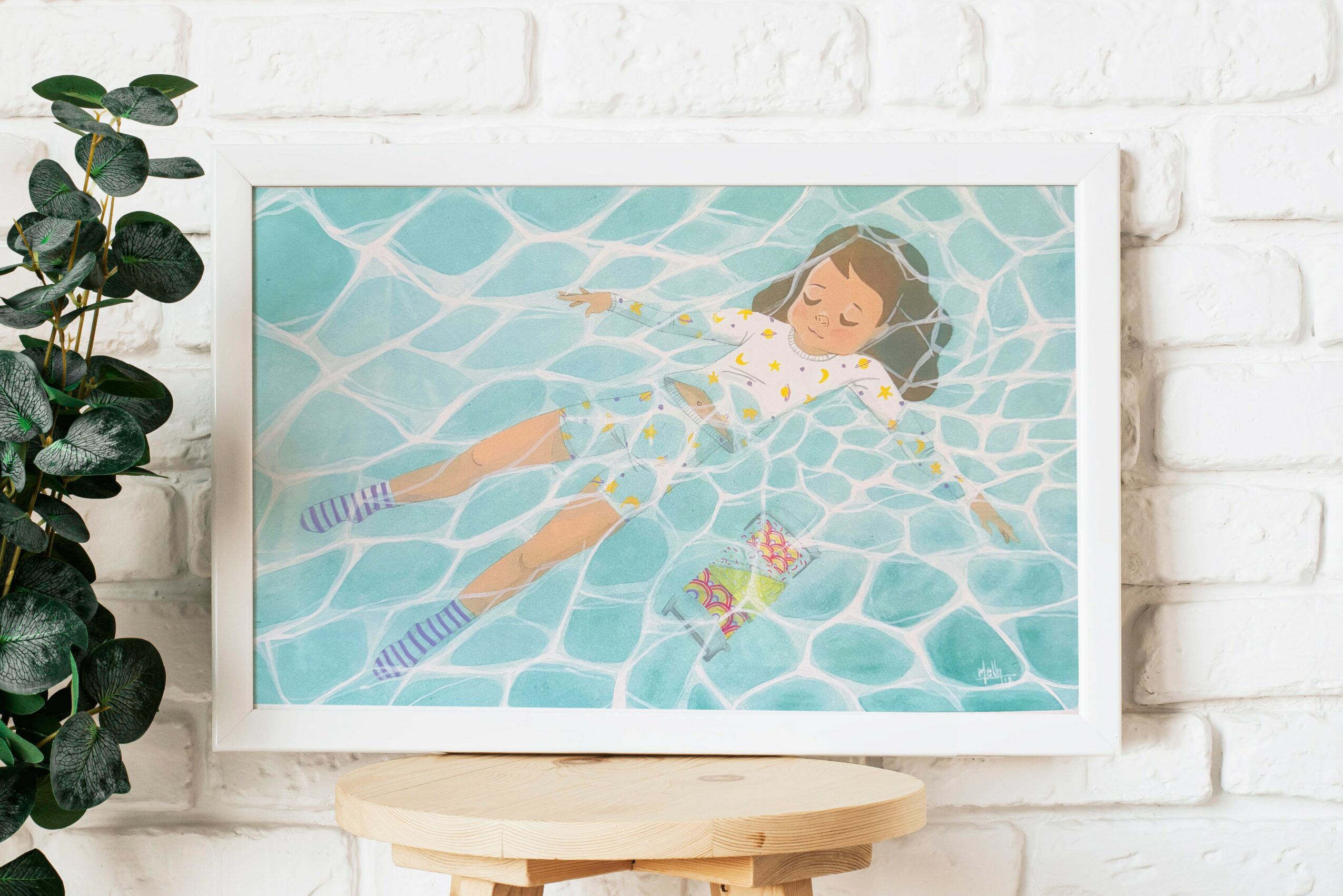 Child floating in a swimming pool with a net and toy, water pattern visible, on a white background with a plant nearby.