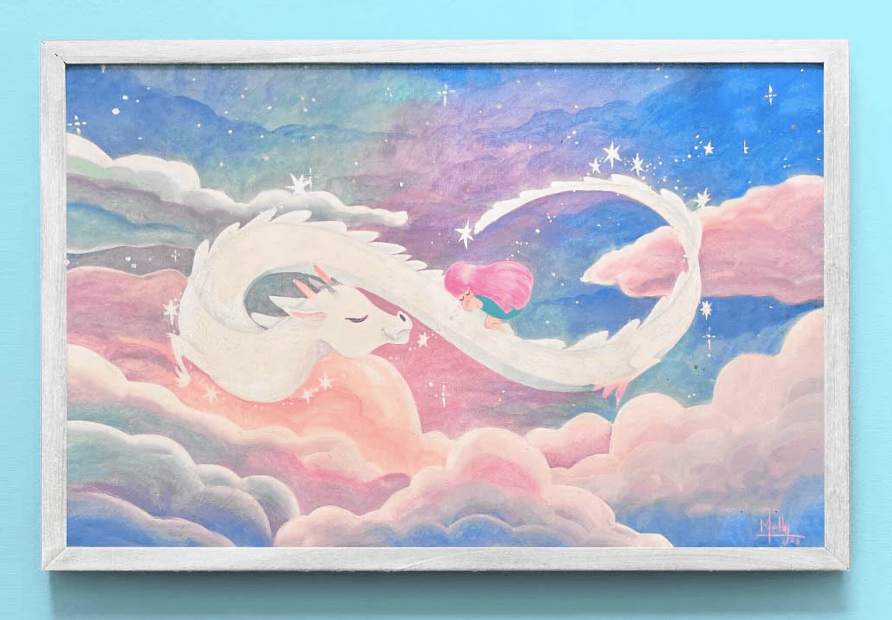 A white unicorn with a flowing mane and tail floats among pink and purple clouds in a starry sky with a rainbow arc.