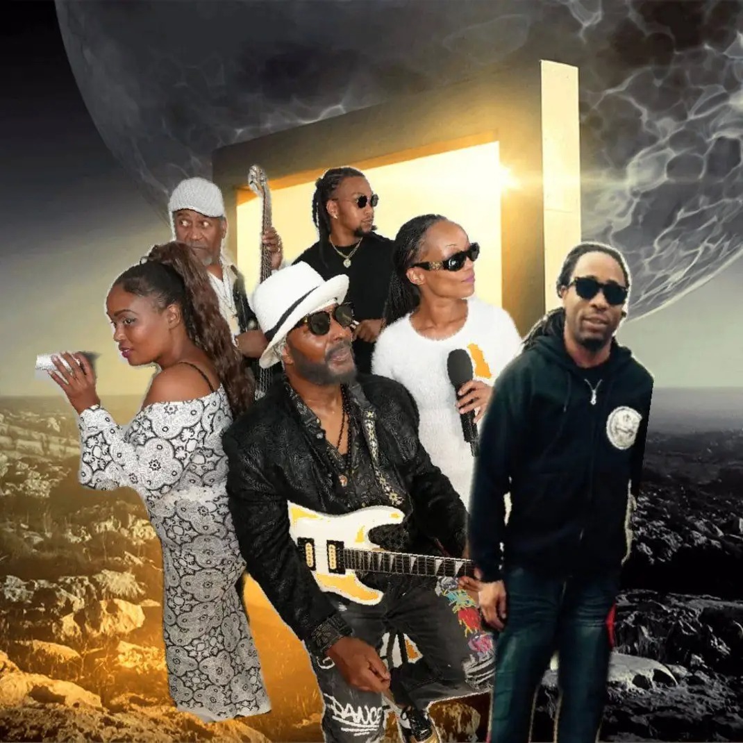 Group of six people, some holding microphones and a guitar, standing outdoors with a dramatic sky and large celestial body in background.