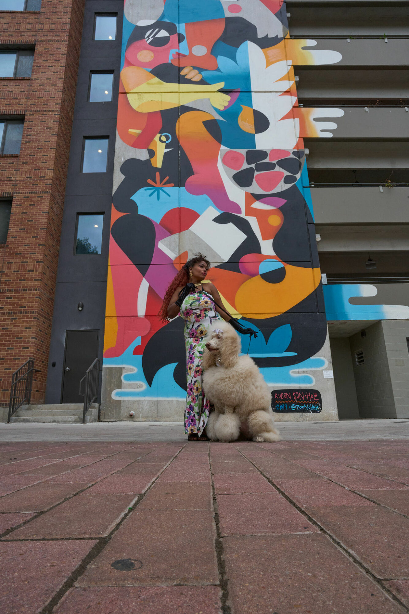 Person with a large dog standing in front of a colorful abstract mural on a building wall.