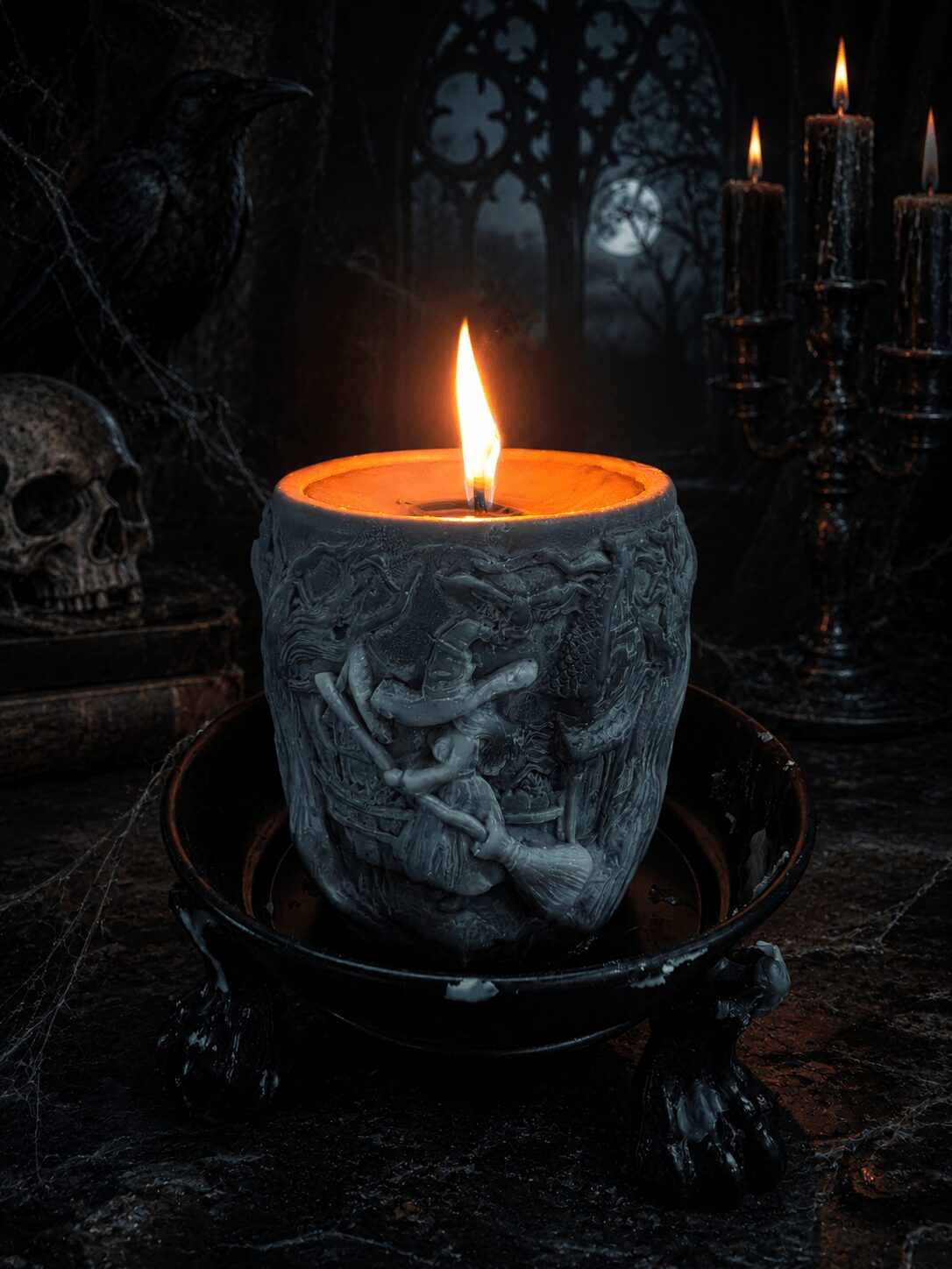 A lit candle in a carved stone holder with a dragon design, on a dark surface with candles and a skull nearby.