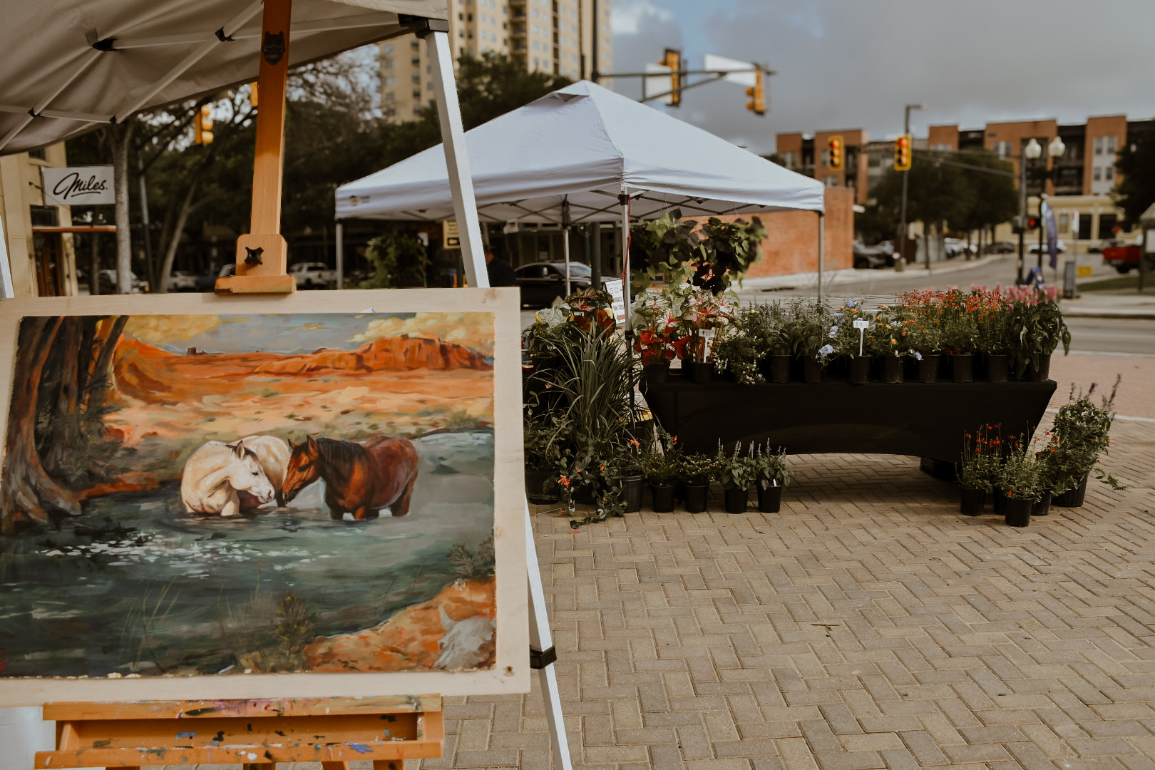 Painting of two dogs swimming in water displayed on an easel outdoors with tents and plants nearby.