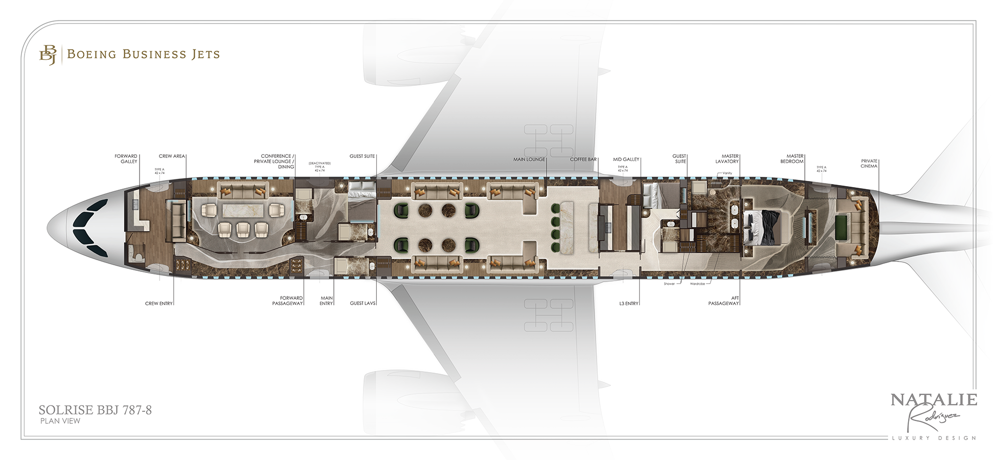 Top-down view of a large cruise ship with multiple decks and amenities, labeled with the name 'Natalie'.
