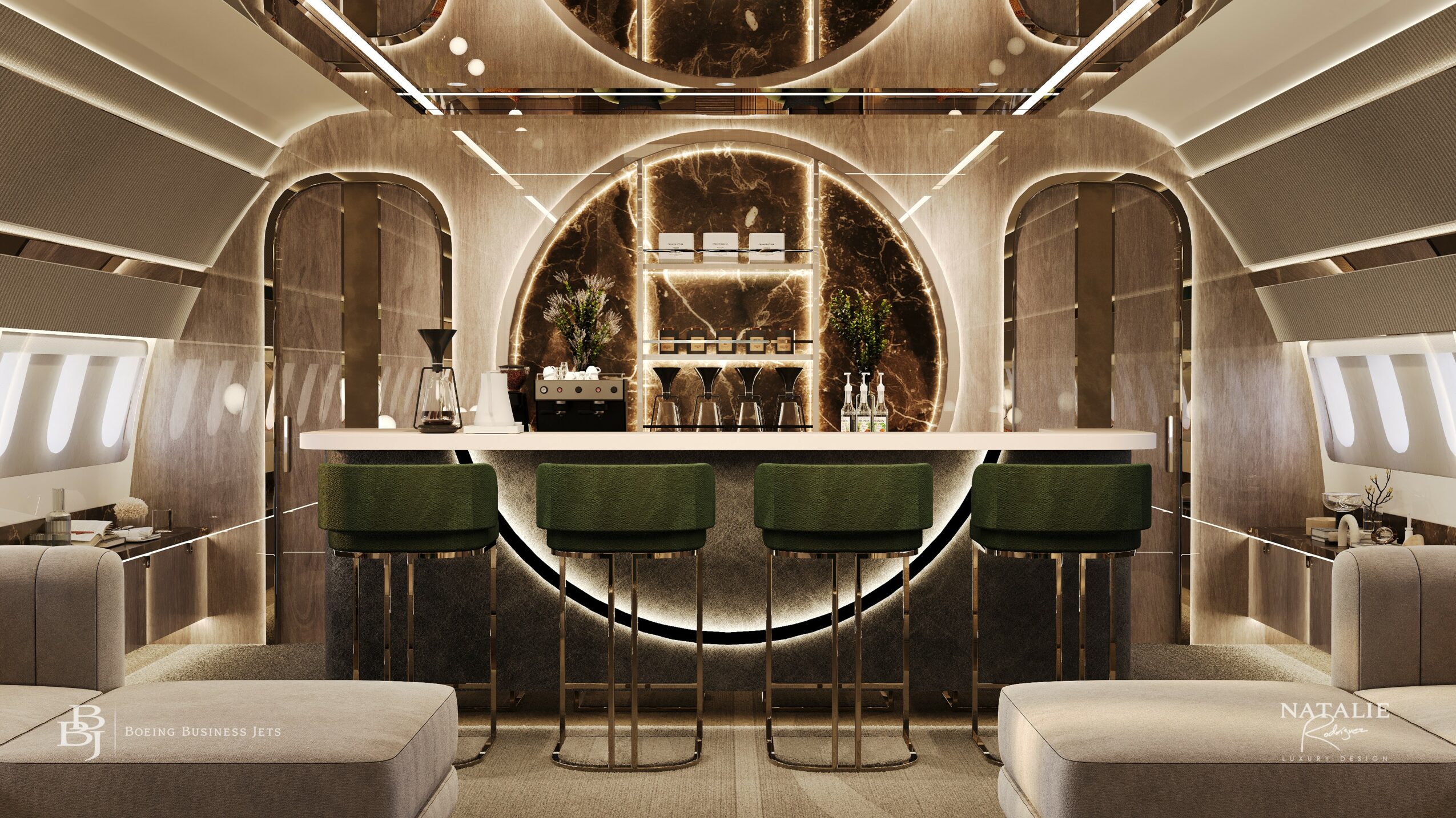 Modern bar with illuminated circular backdrop, green bar stools, and sleek seating area, in a futuristic setting.