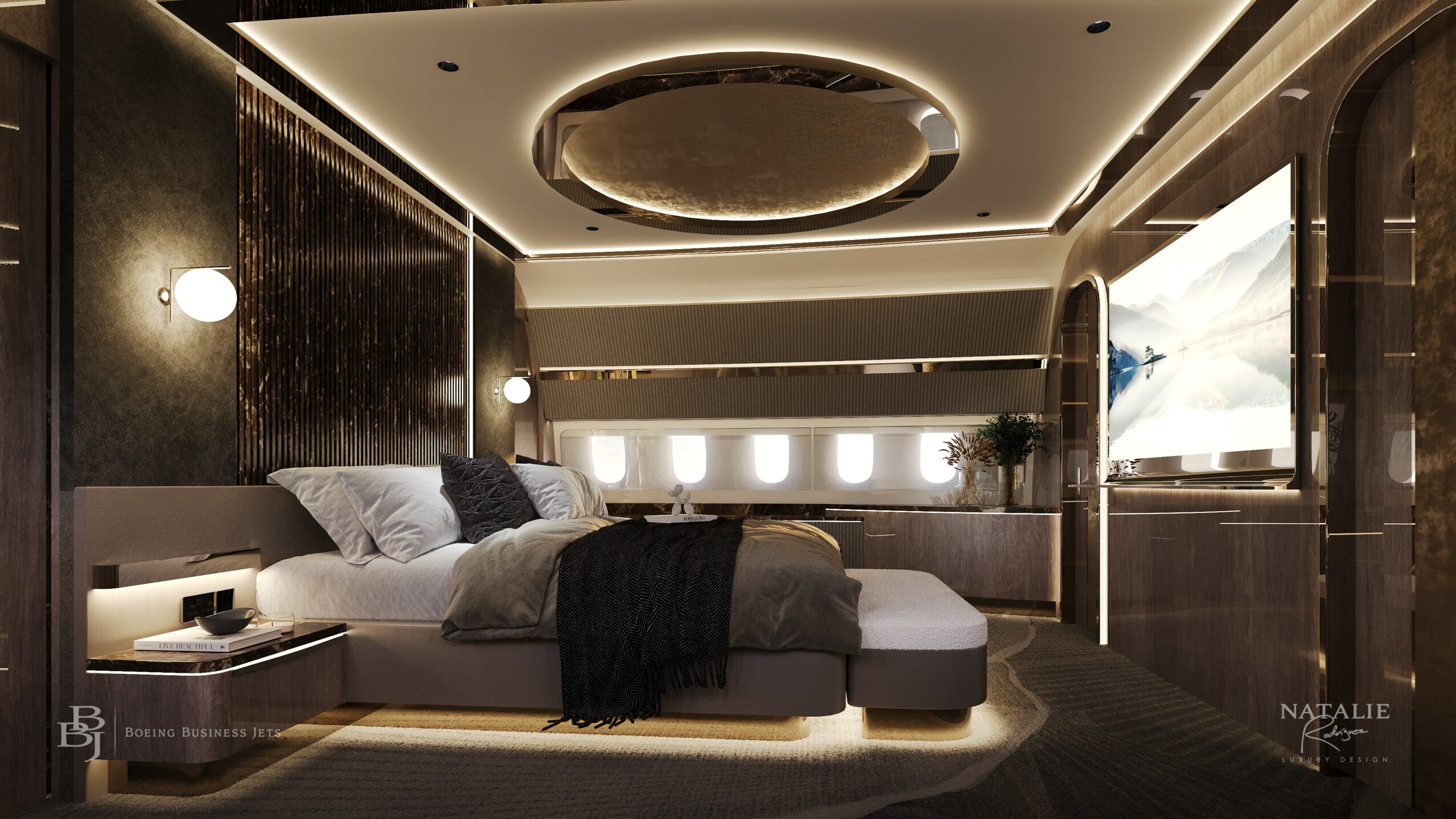 Modern bedroom with a large bed, circular ceiling light, and window, decorated in dark and neutral tones.