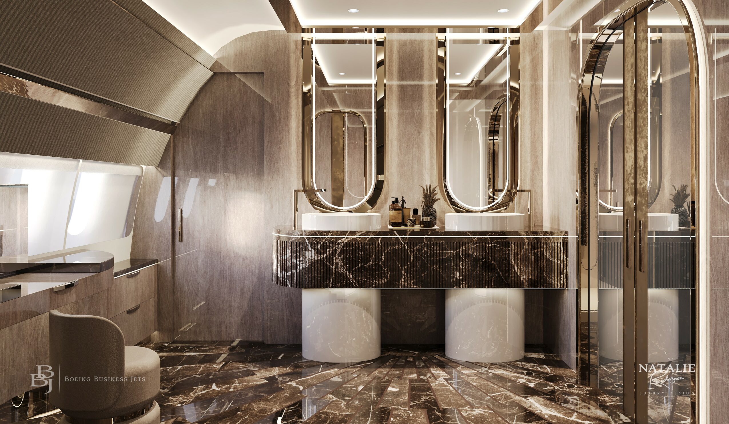 Luxurious bathroom with marble sink, mirrors, and modern lighting, featuring a curved glass shower enclosure and elegant decor.