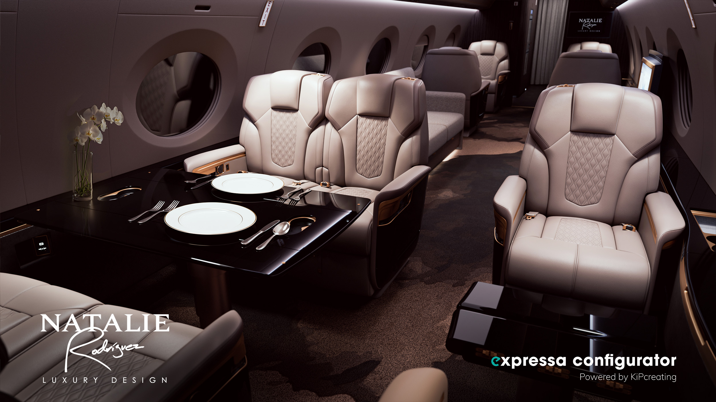 Luxury airplane interior with beige leather seats, a dining table set with plates and a flower, and dark interior design.