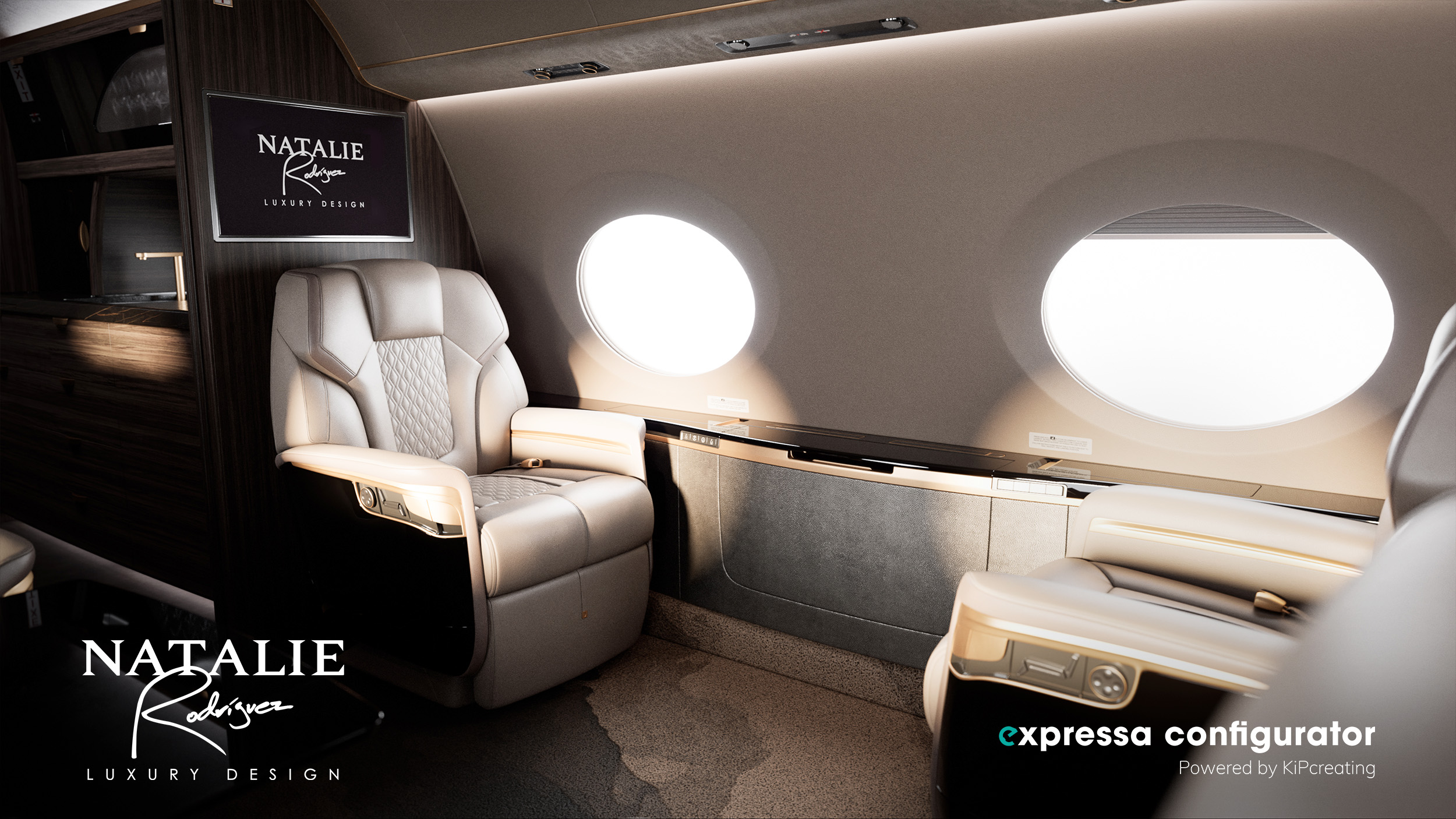 Luxury airplane interior with beige leather seat, oval windows, and a sign reading 'NATALIE' in the background.