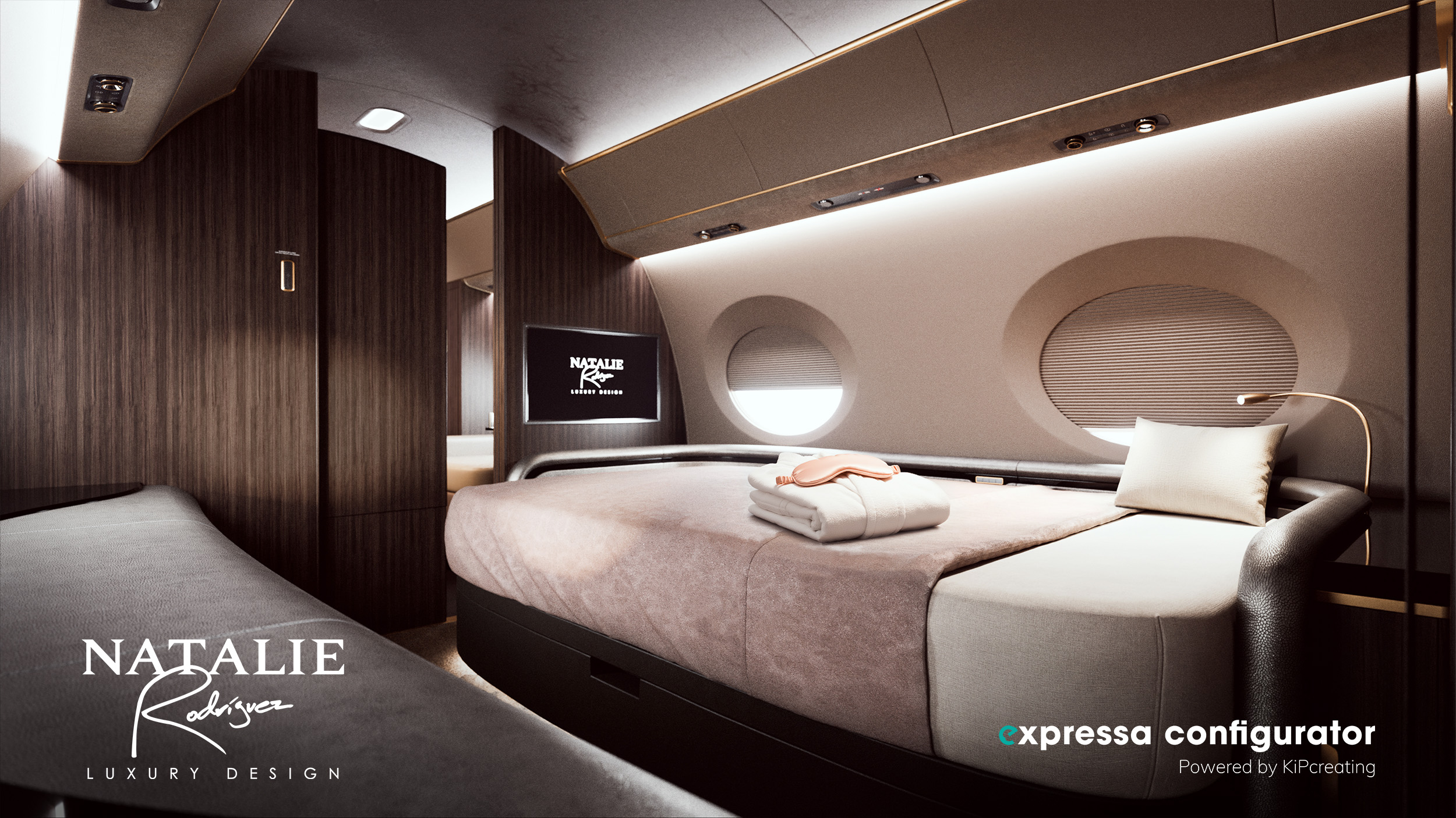 Modern bedroom with curved bed, circular window, and ambient lighting, featuring dark wood paneling and minimal decor.