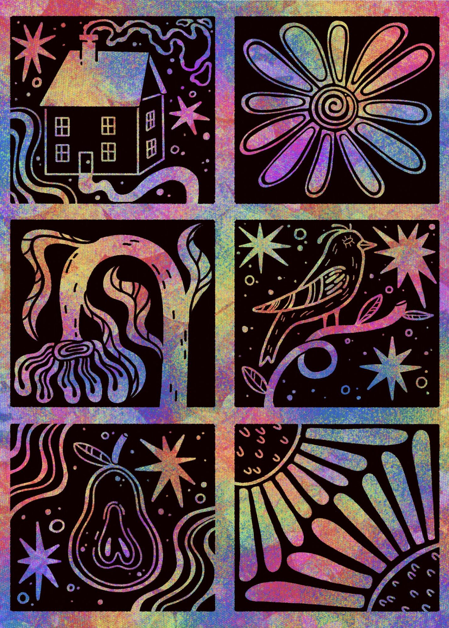 Six colorful chalkboard-style illustrations: a house, a flower, a jellyfish, a bird, a heart, and a sun with rays.