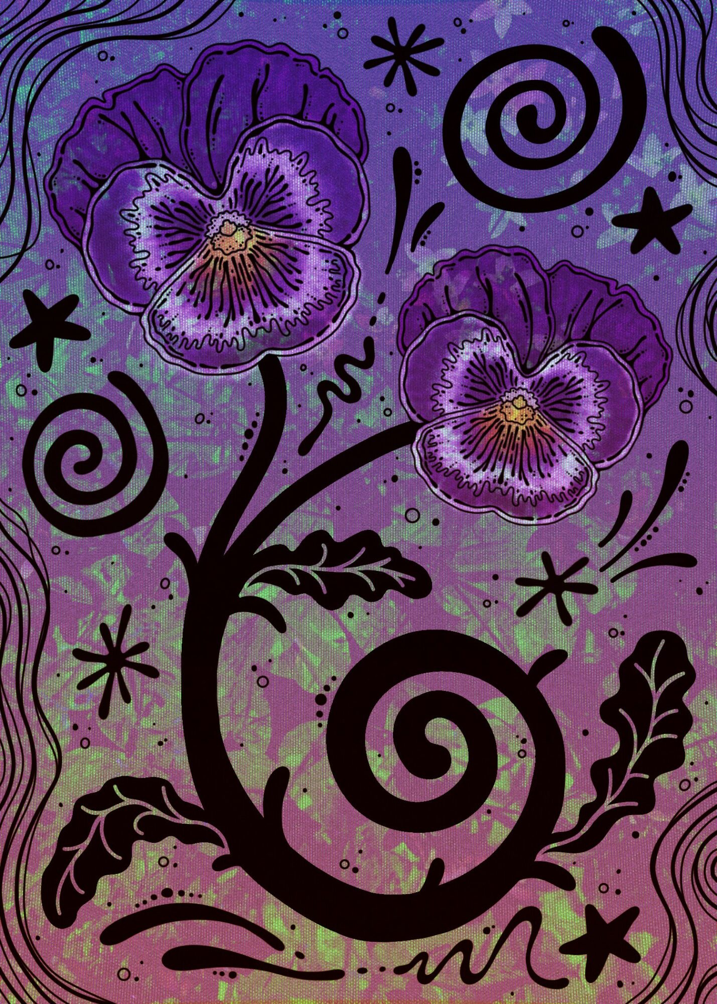 Two purple flowers with yellow centers on a colorful, abstract background with swirls and star-like shapes.