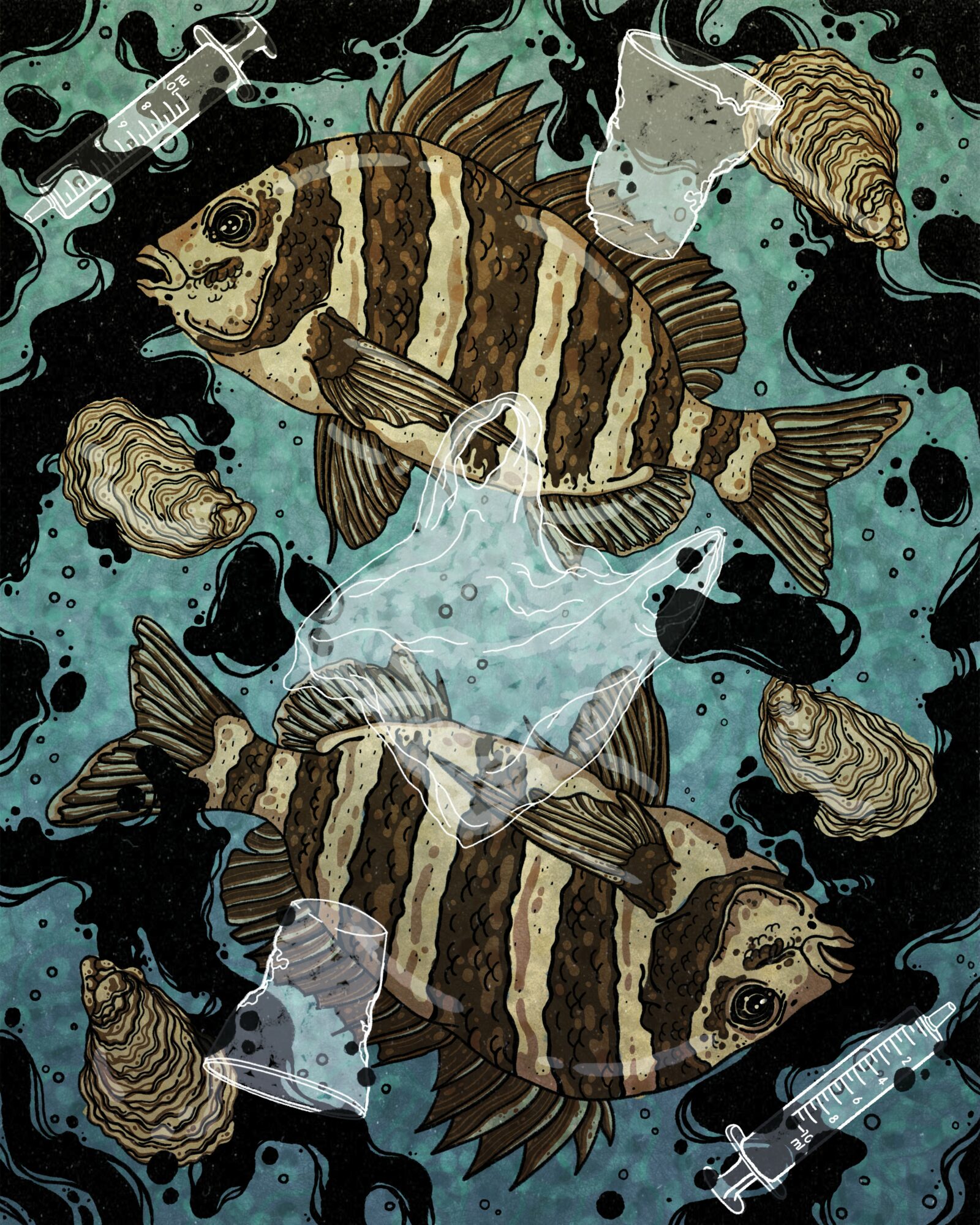 Two fish with striped patterns surrounded by plastic waste and syringes in water, with some shells and debris.