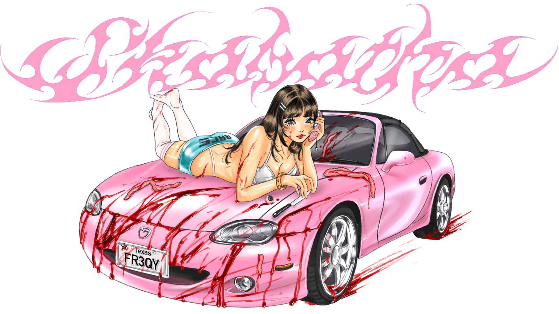 A girl with long hair lies on a pink sports car, with stylized pink text above. The car has a license plate reading 'FR3QY'.