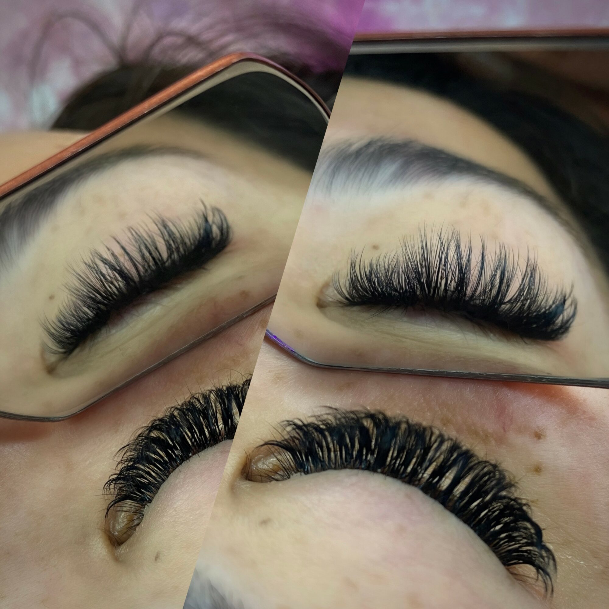 Close-up of a person's eye with long, thick eyelashes, reflected in a mirror, showing eyelash extensions.
