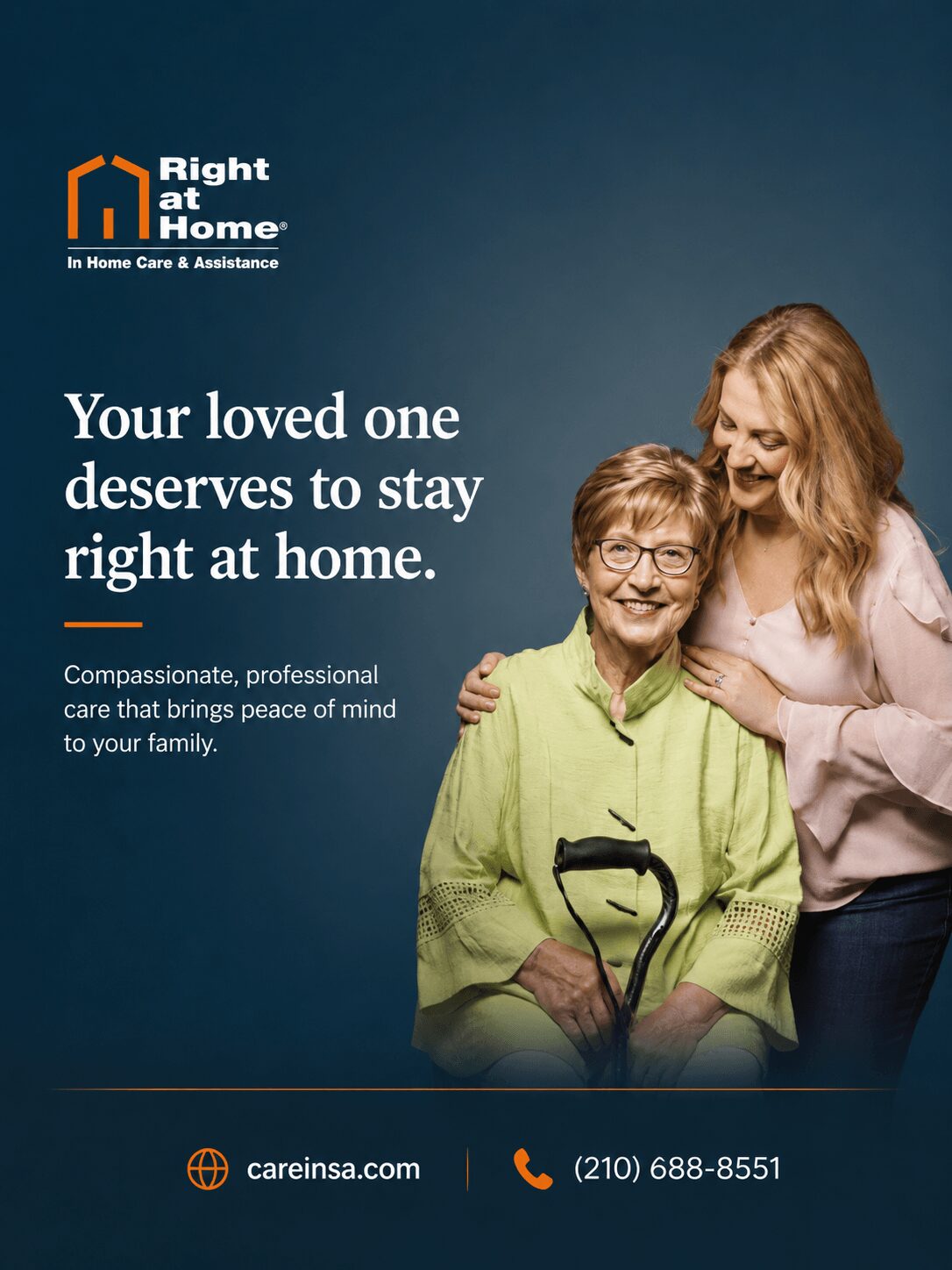 Elderly woman with glasses and a walker, smiling, with a young woman beside her, against a blue background with text and logo.