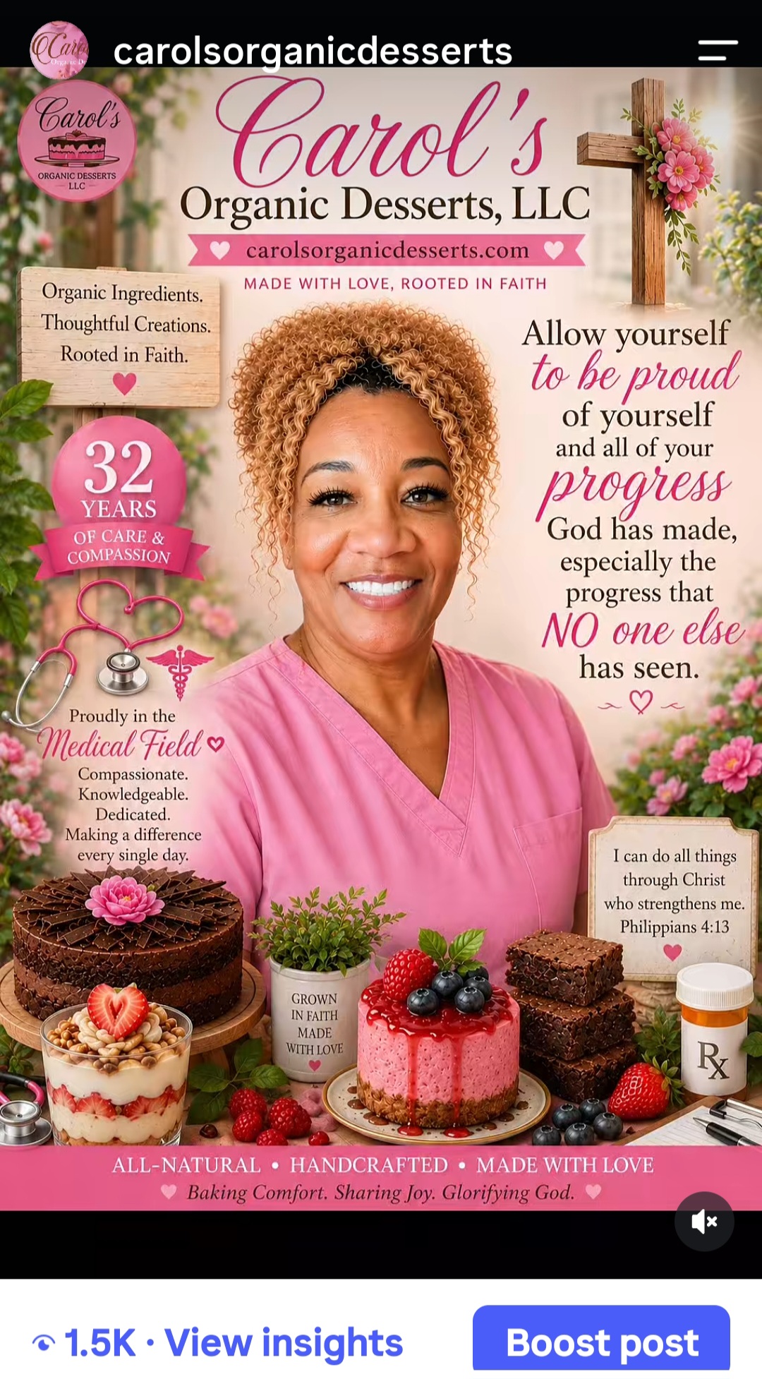 Smiling woman in pink scrubs surrounded by decorated cakes and desserts, promoting organic desserts and bakery products.