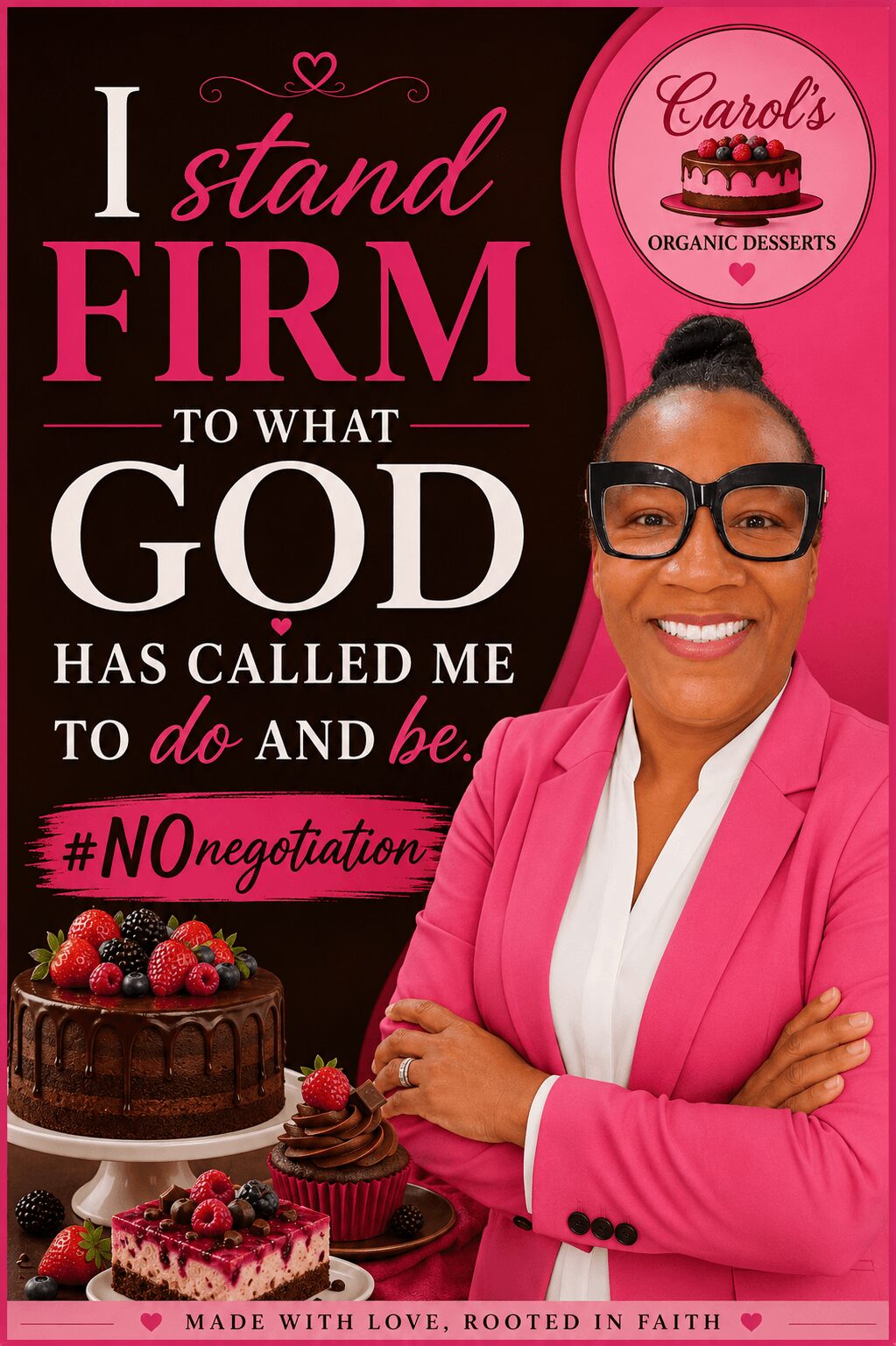 Smiling woman in pink blazer and glasses, with desserts and text about faith and determination.