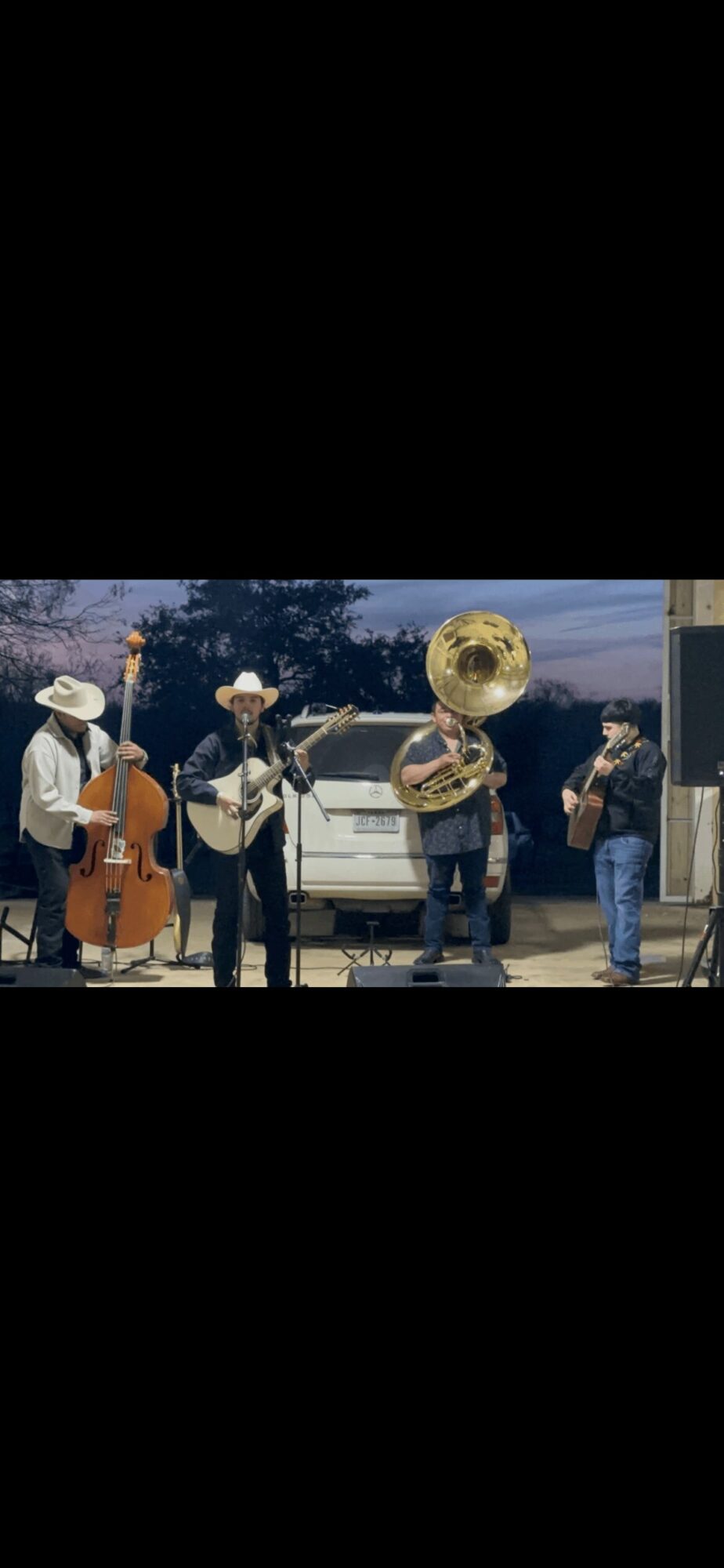 Group of musicians playing instruments outdoors, including a double bass, guitar, and tuba, with trees and a building in background.