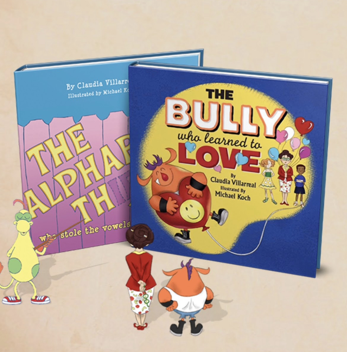 Two children's books titled 'The Bully Who Learned to Love' and 'The Alphabet Thief' with cartoon characters nearby.