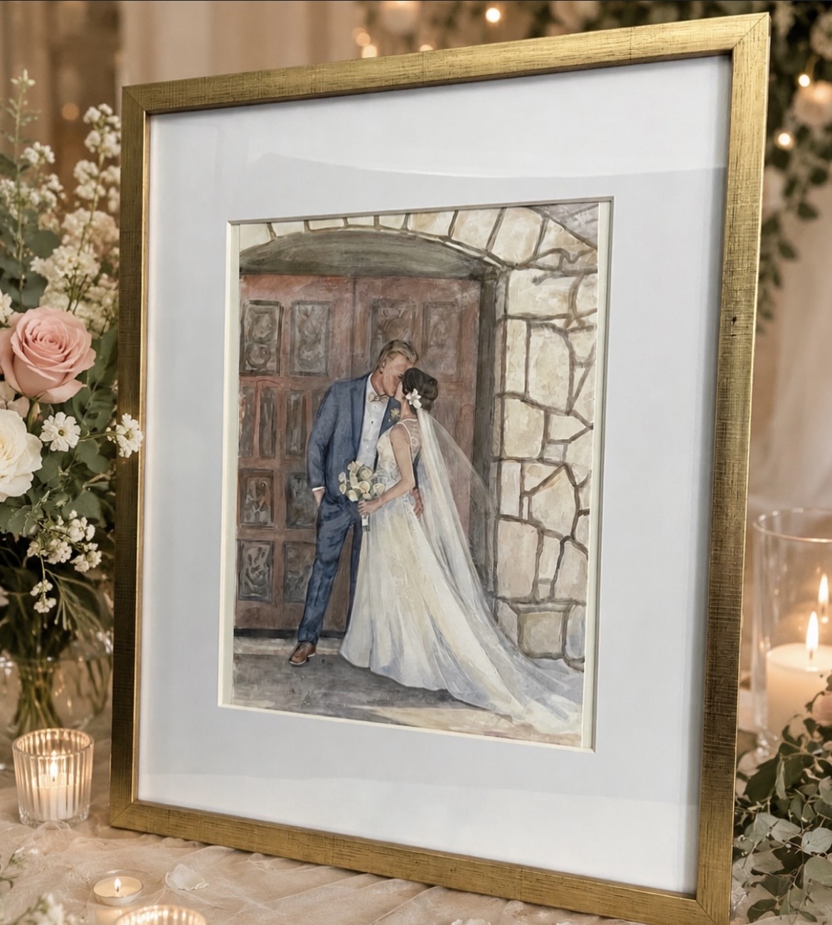 Framed watercolor painting of a bride and groom kissing outside a stone building, surrounded by flowers and candles.