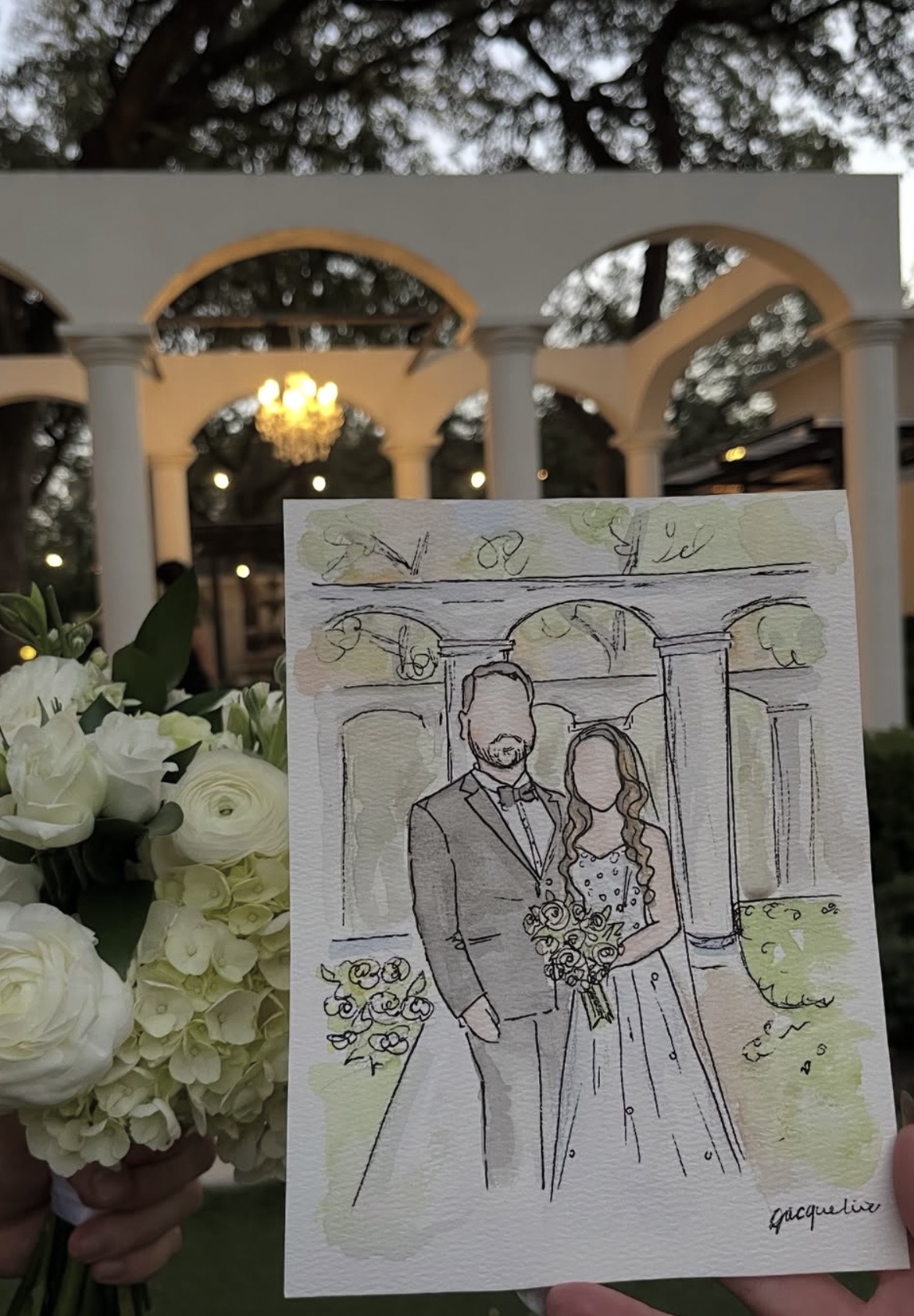 Hand-drawn wedding portrait of a couple holding a bouquet, with a garden and arches in the background.