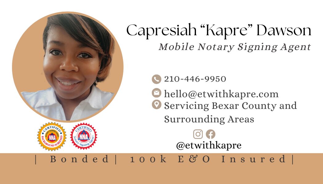 Business card for Capresiah Dawson, mobile notary signing agent, with photo, contact info, and service area, on a beige background.