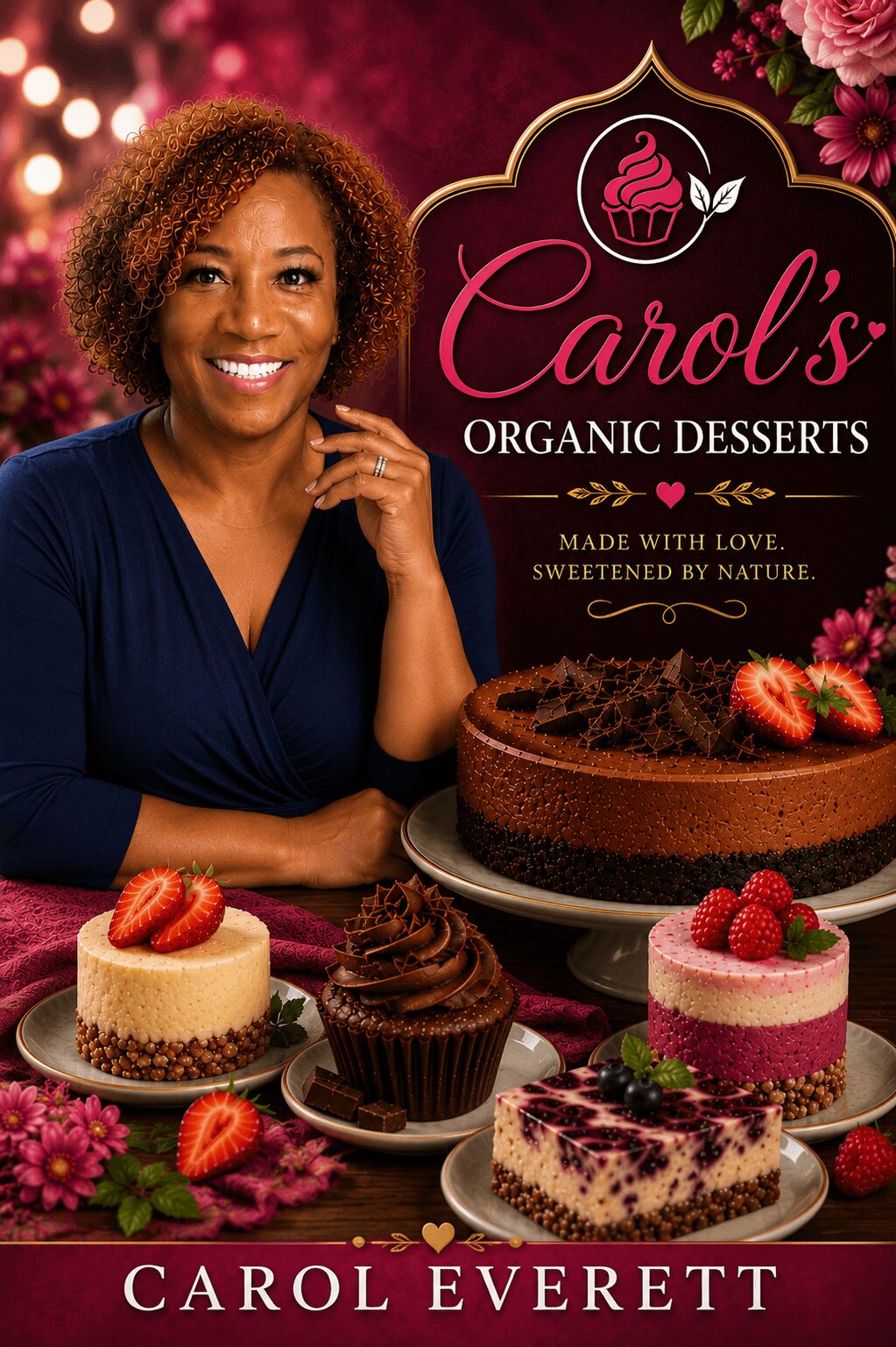 Smiling woman with curly hair next to a variety of cakes and desserts, with a sign reading 'Carol's Organic Desserts'.
