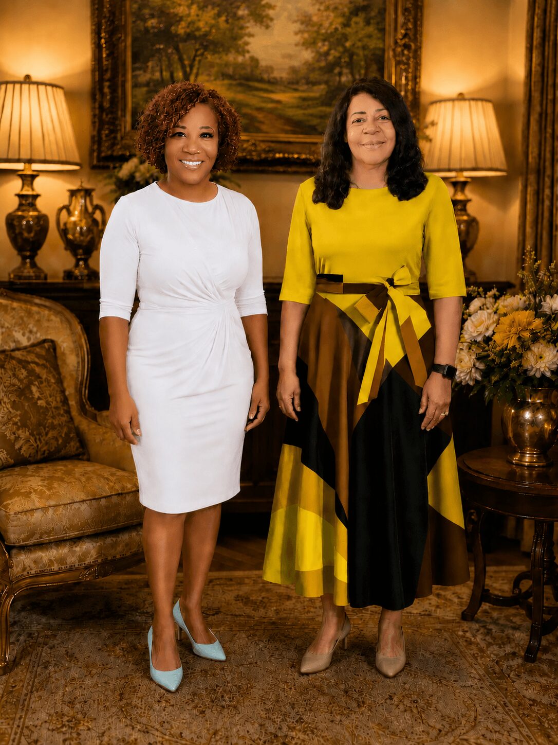 Two women stand in a warmly lit room with a painting, lamps, and floral arrangements behind them.