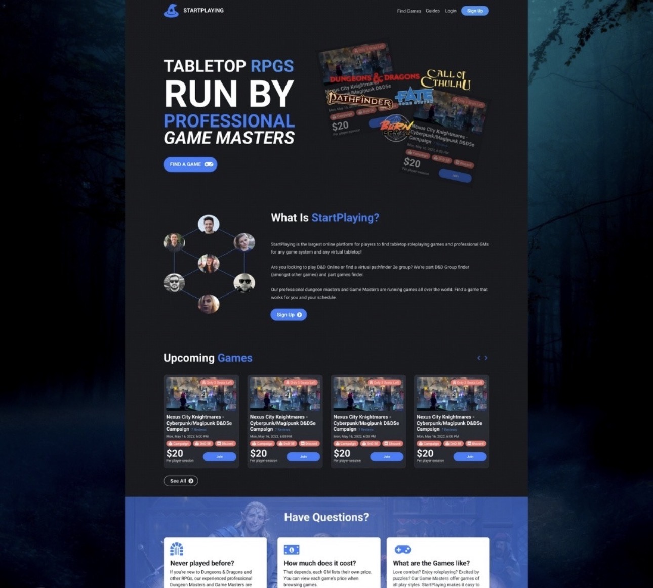 Webpage with game titles, upcoming games, and questions section, featuring dark background and blue accents.