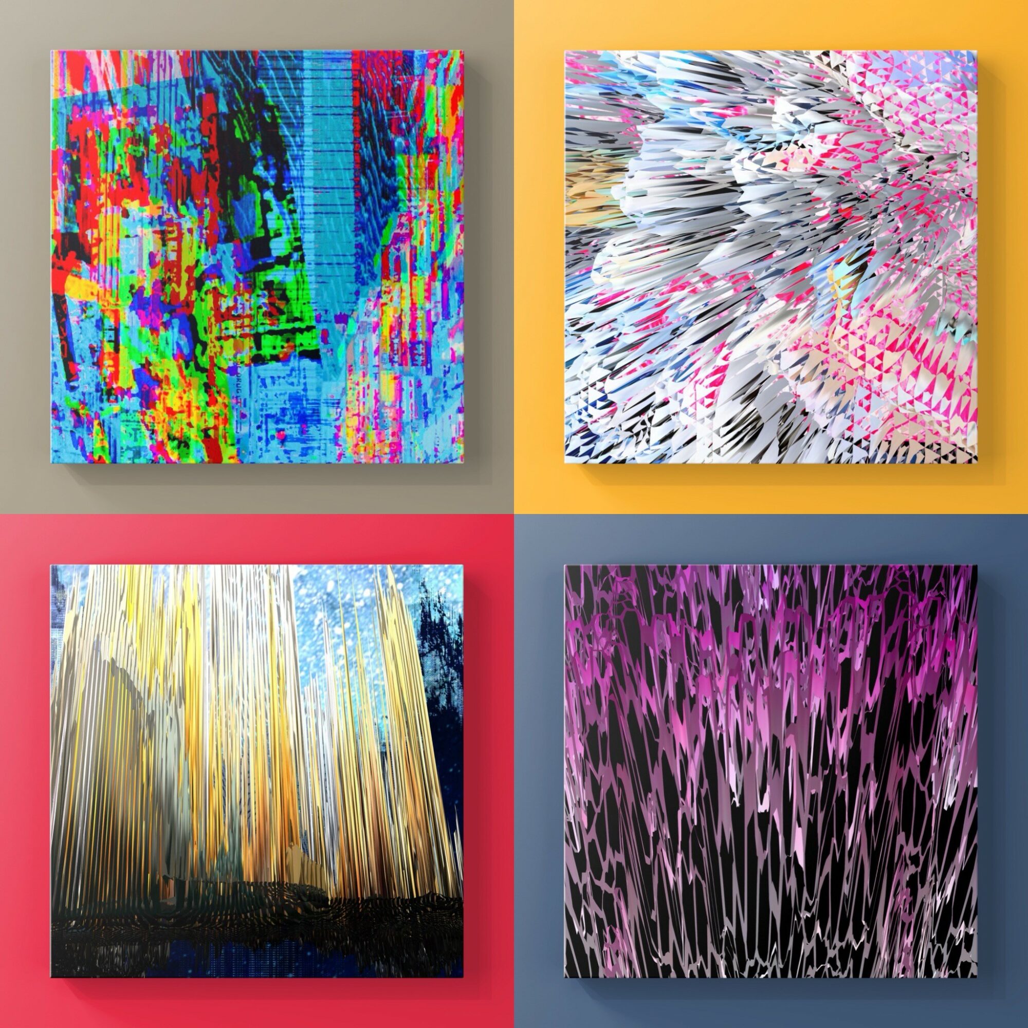 Four abstract digital artworks with vibrant colors and textures, arranged in a 2x2 grid, each with distinct color schemes and patterns.