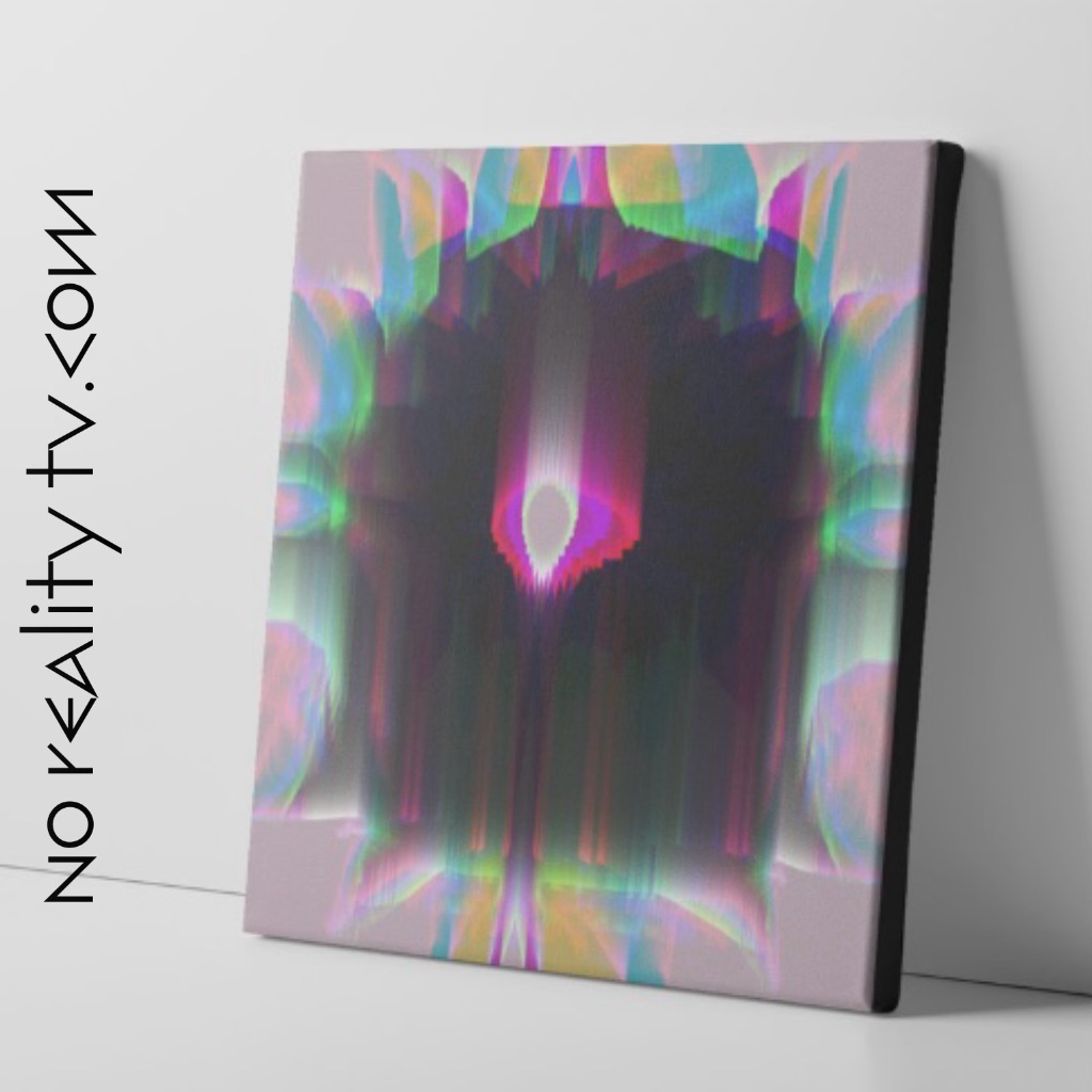 Abstract colorful artwork with symmetrical patterns and vibrant colors on a canvas leaning against a wall.
