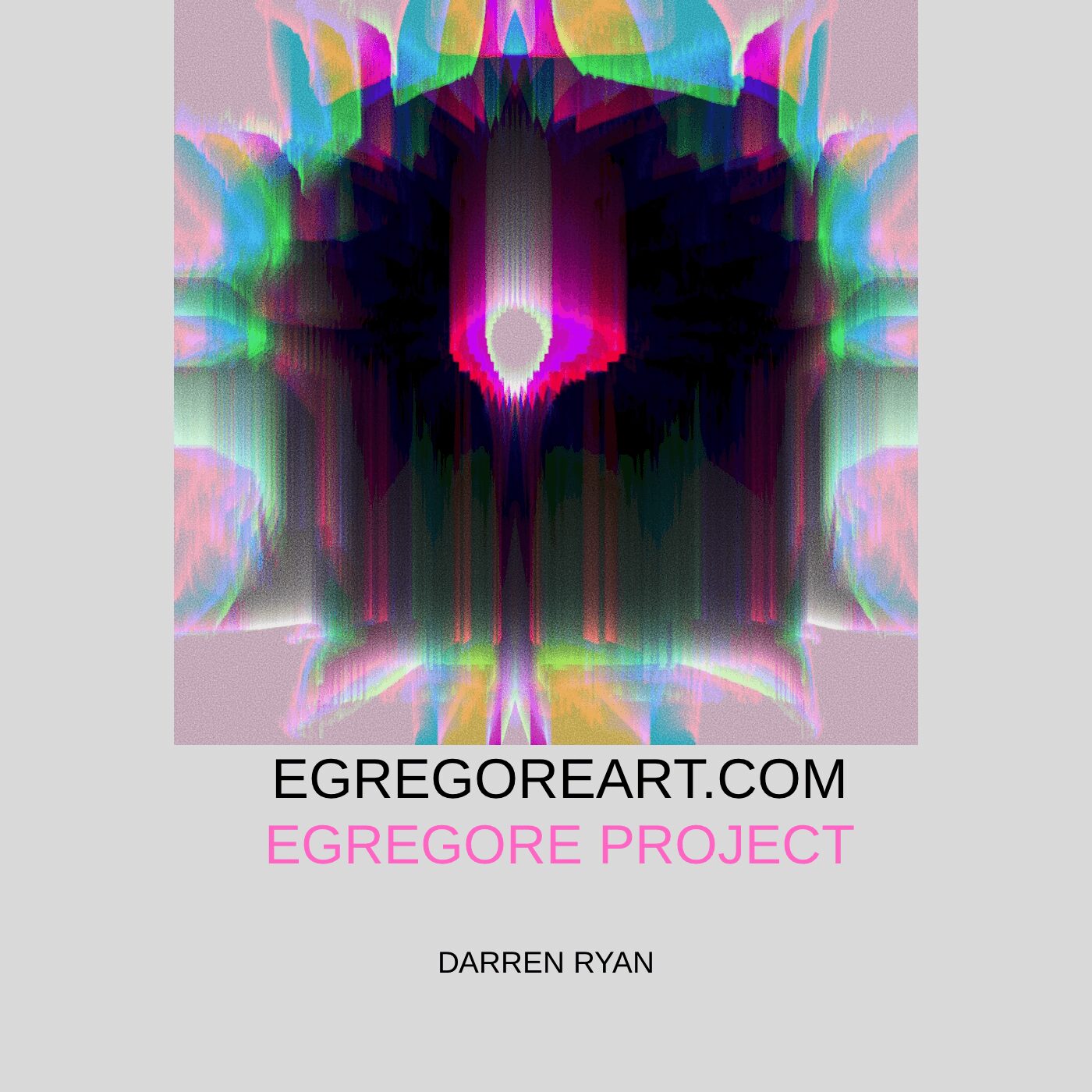 Abstract colorful symmetrical digital artwork with vibrant colors and patterns, with text and website information below.