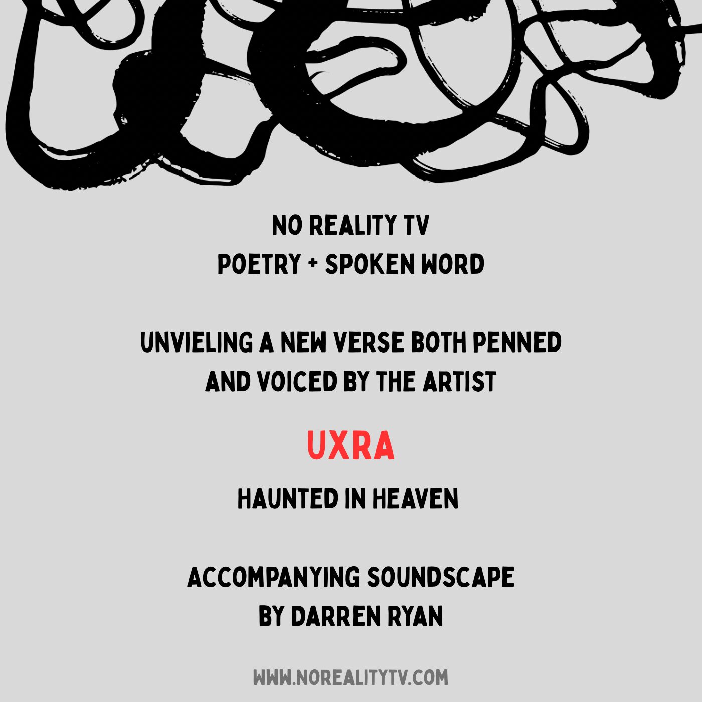 Text-based poster with black abstract lines at top, listing poetry, spoken word, and soundscape events, with red and black text.