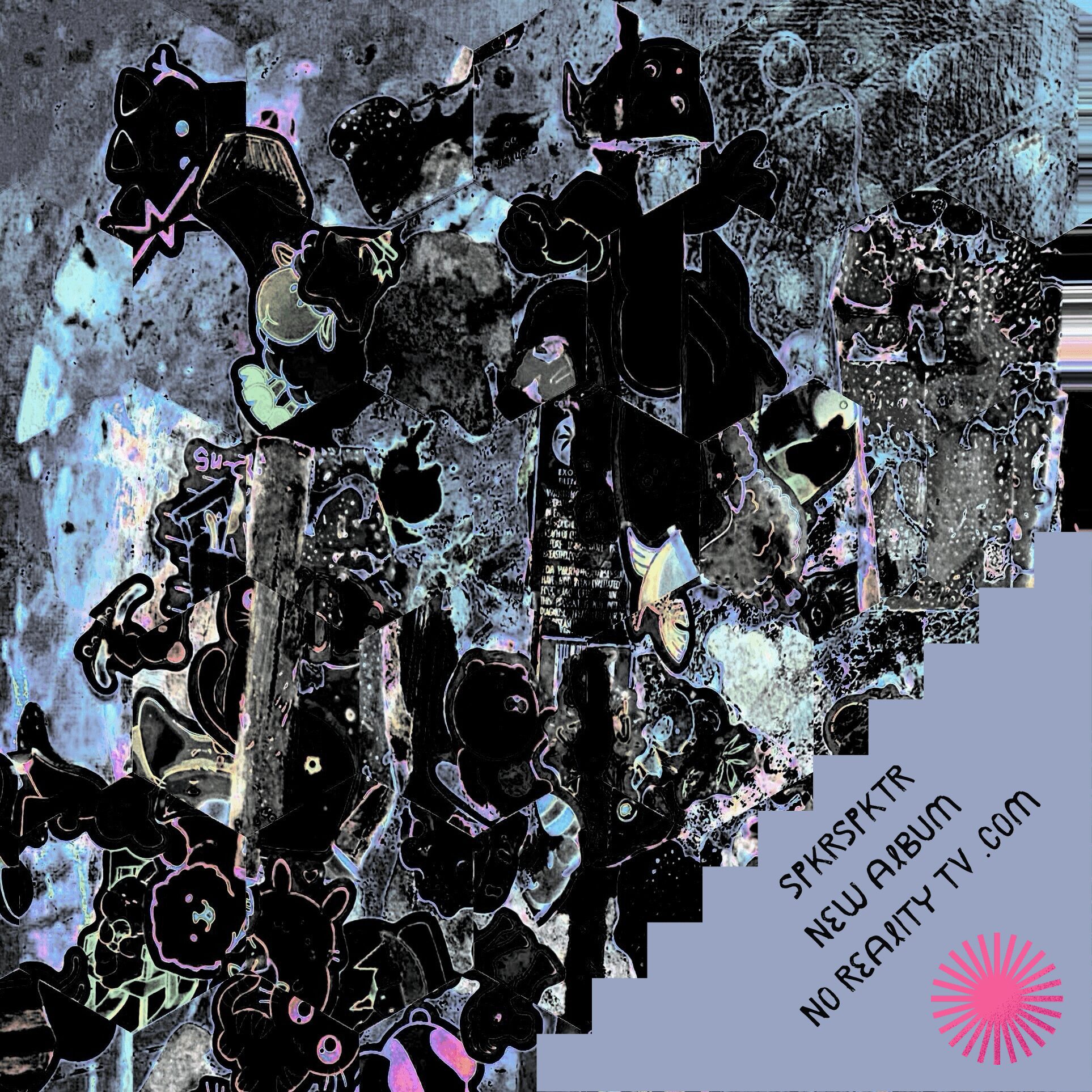 Abstract collage with various cartoon characters and text, including 'SPARKTRX', 'NEW ALBUM', and 'NO REAR TV'.