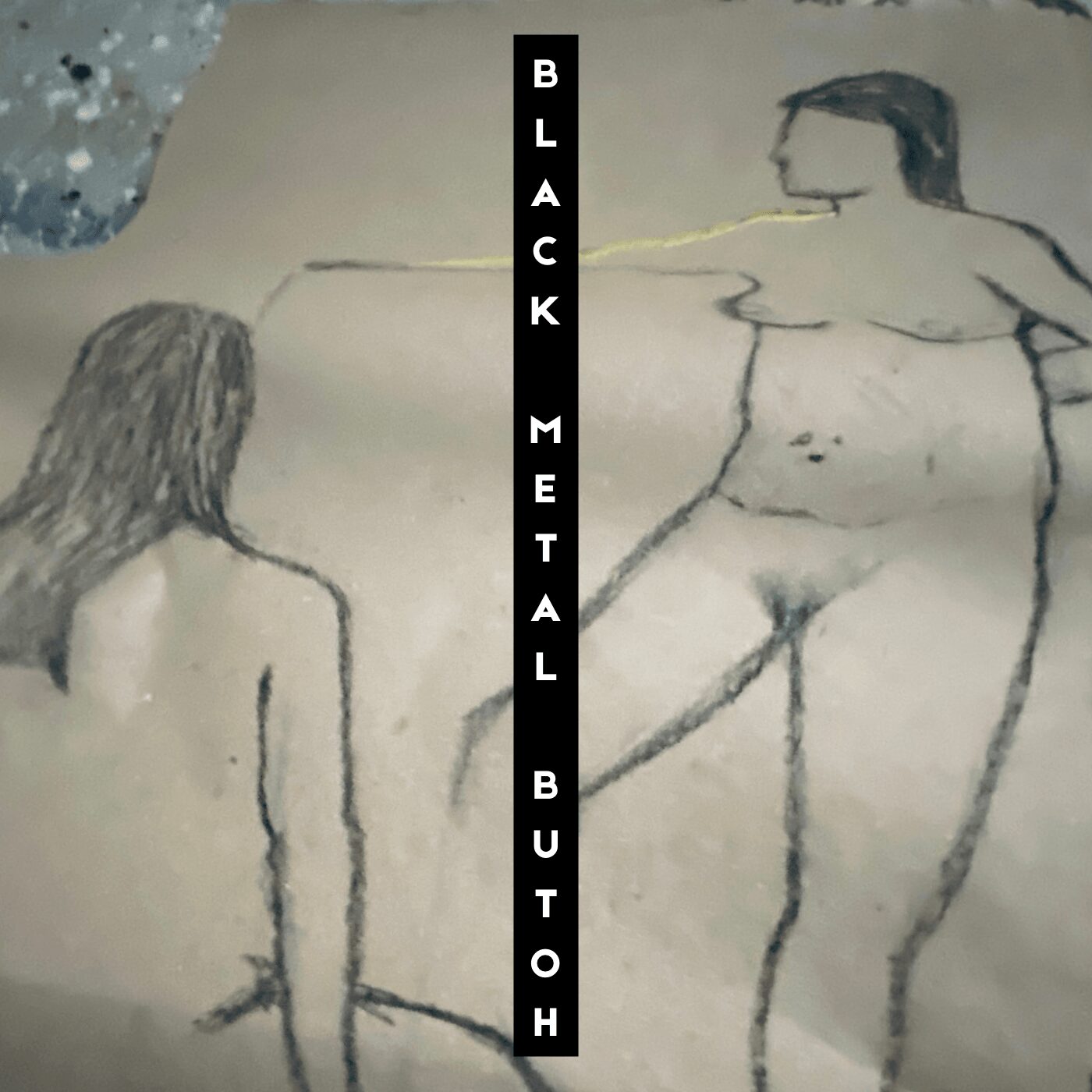 Drawing of two nude women, one sitting and one standing, with a black vertical strip in the center reading 'BLACK METAL BUTOH'.