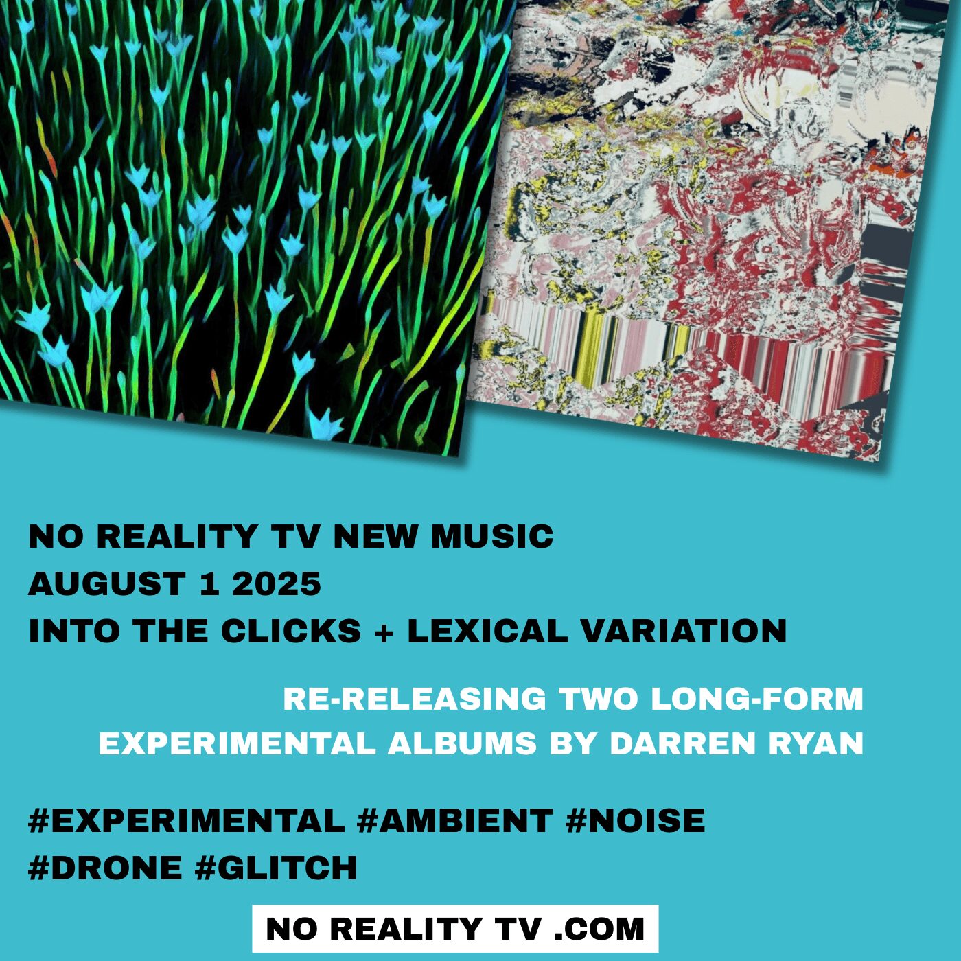 Two abstract digital art pieces with vibrant colors and patterns, accompanied by text about music albums and experimental projects.
