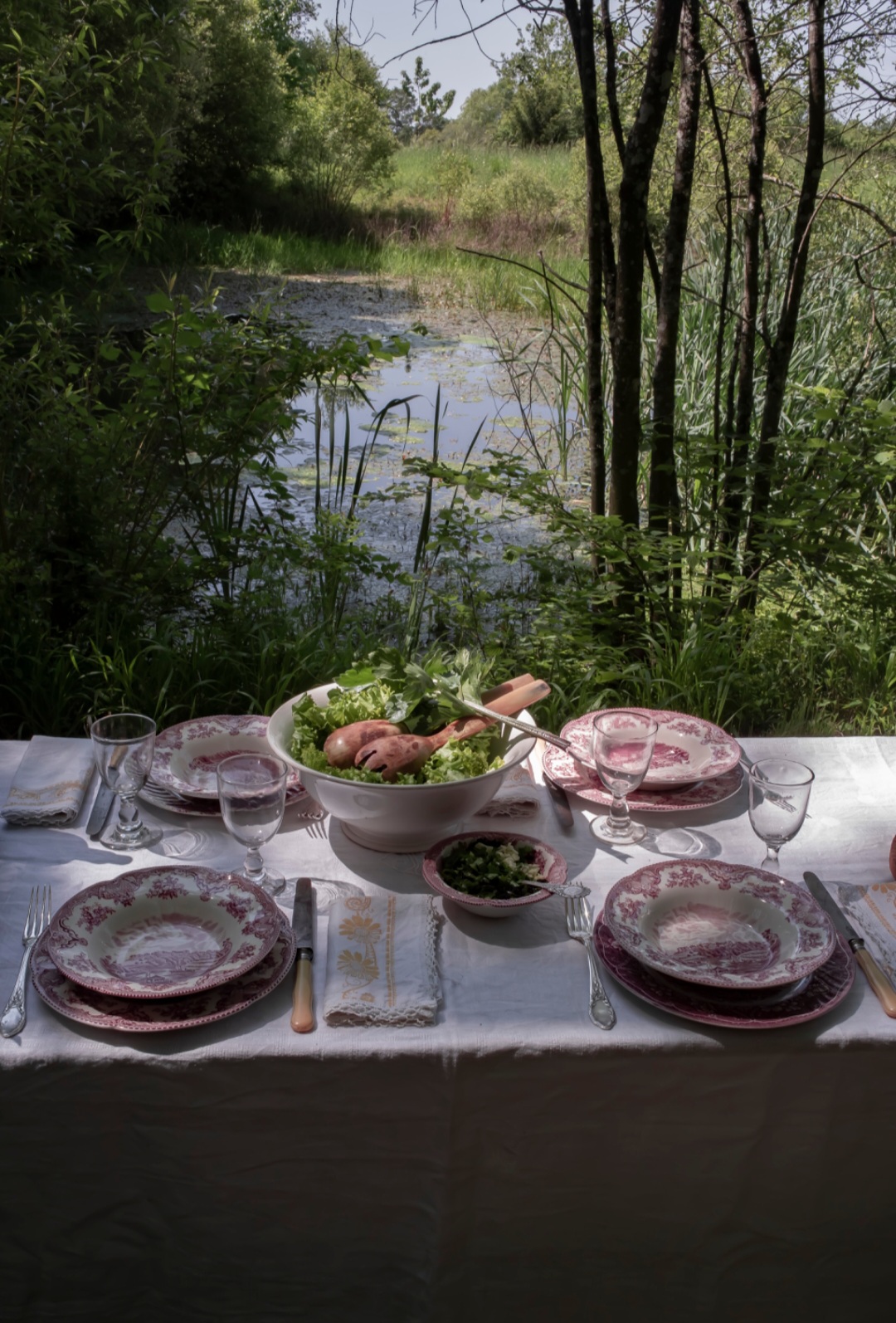 Outdoor table set with plates, glasses, and a bowl of food, near a pond with trees and greenery in the background.