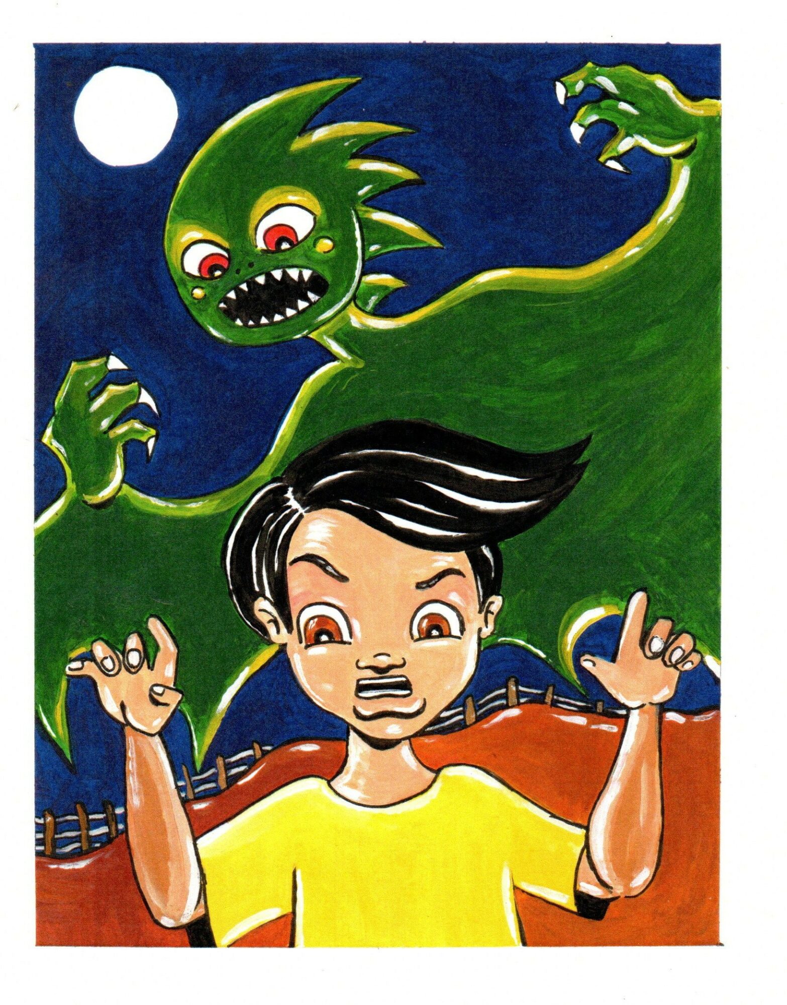A boy with black hair and a yellow shirt looks frightened as a green monster with sharp teeth and claws approaches under a full moon.