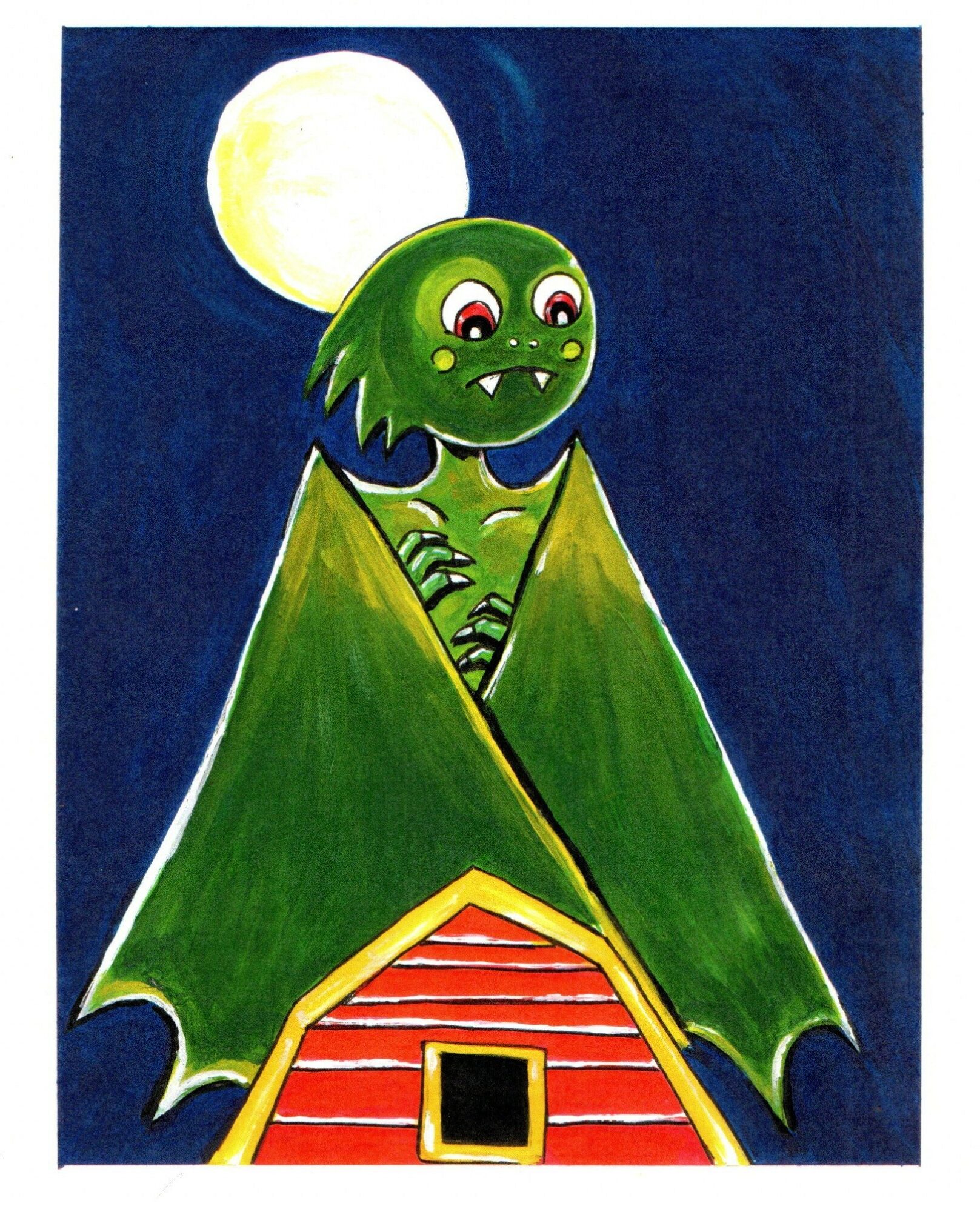 A cartoon monster with green wings and a smiling face stands in front of a red house with a yellow roof, under a full moon.