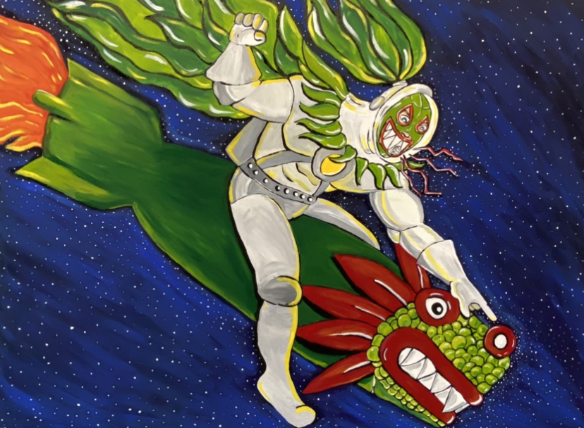A character with green hair and a striped outfit rides a red dragon with green scales in space, stars in background.