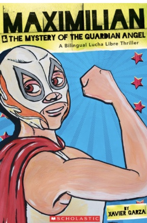 Book cover featuring a woman in a mask flexing her arm, with stars and colorful background, titled 'Maximilian'.