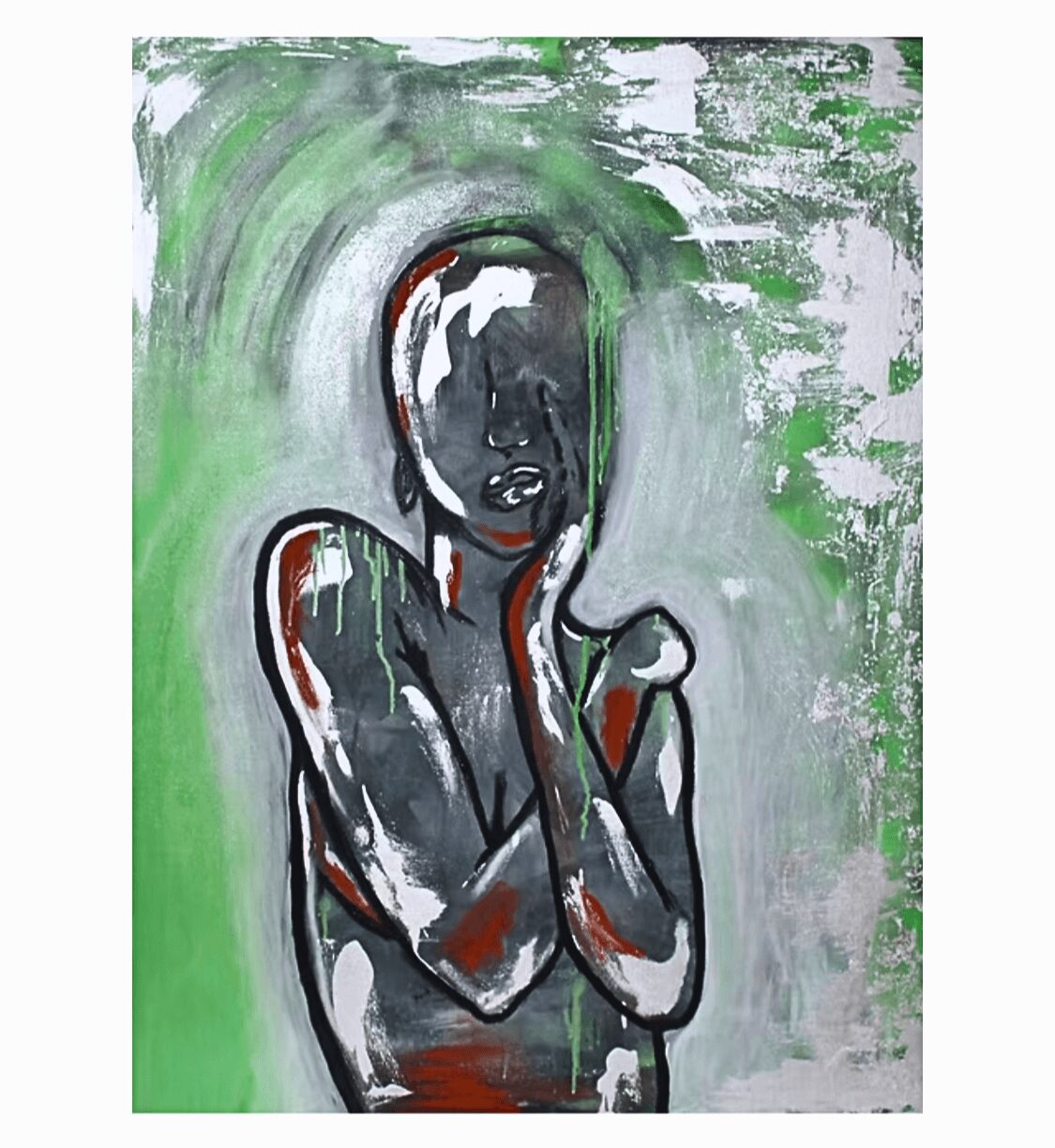 Abstract painting of a person with hand on face, using black, white, red, and green colors, with textured background.