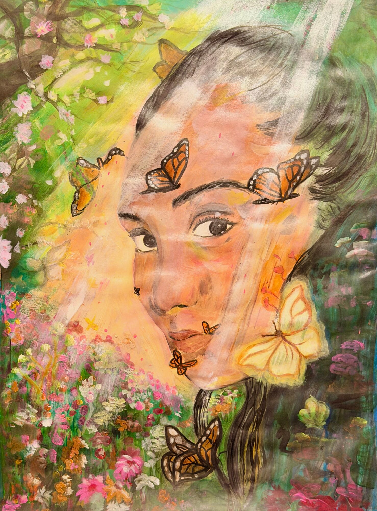 A portrait of a woman with butterflies around her face, surrounded by colorful flowers and greenery, in a watercolor style.