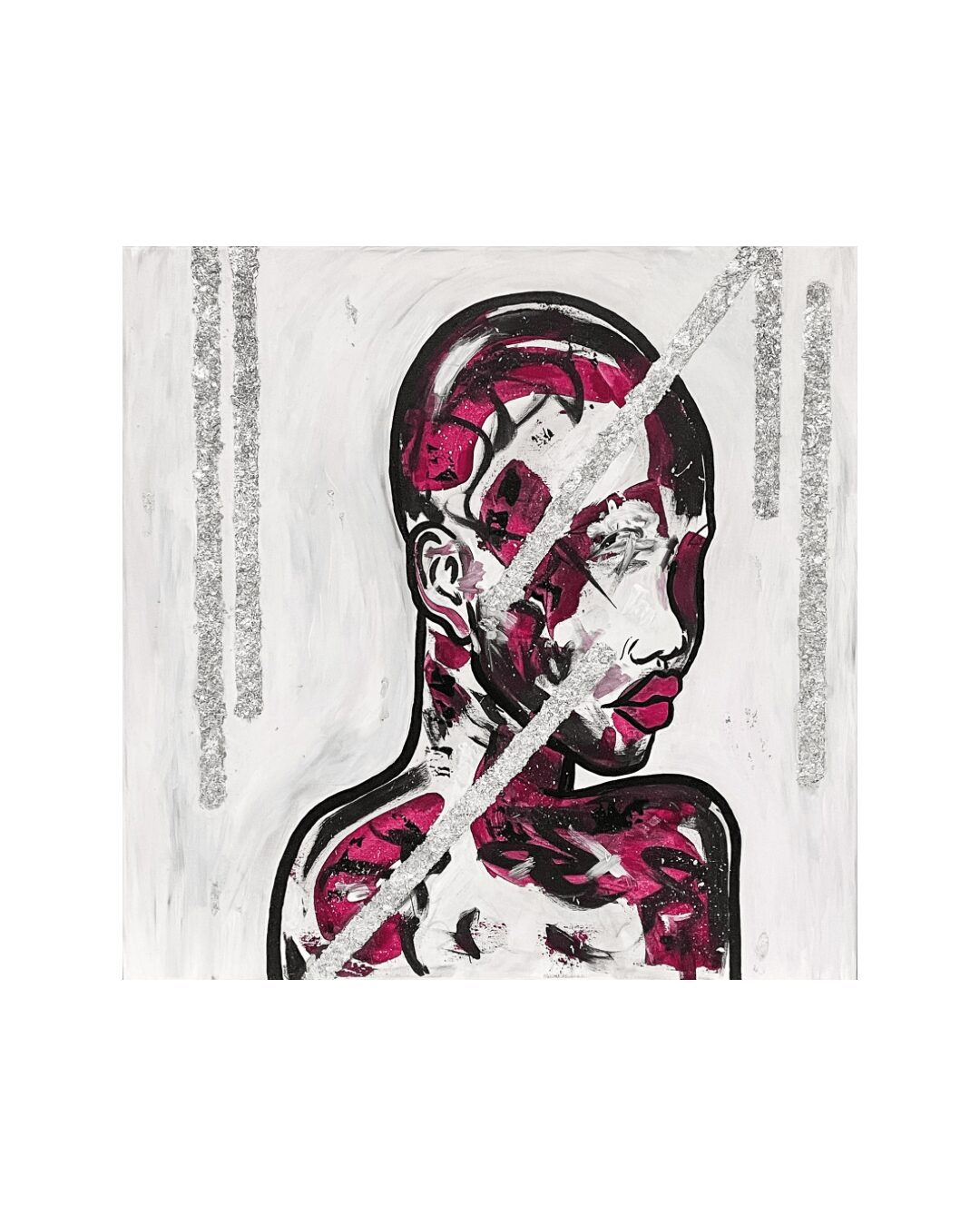 Portrait of a woman with short hair, painted in black, white, and pink, with abstract elements and vertical lines.