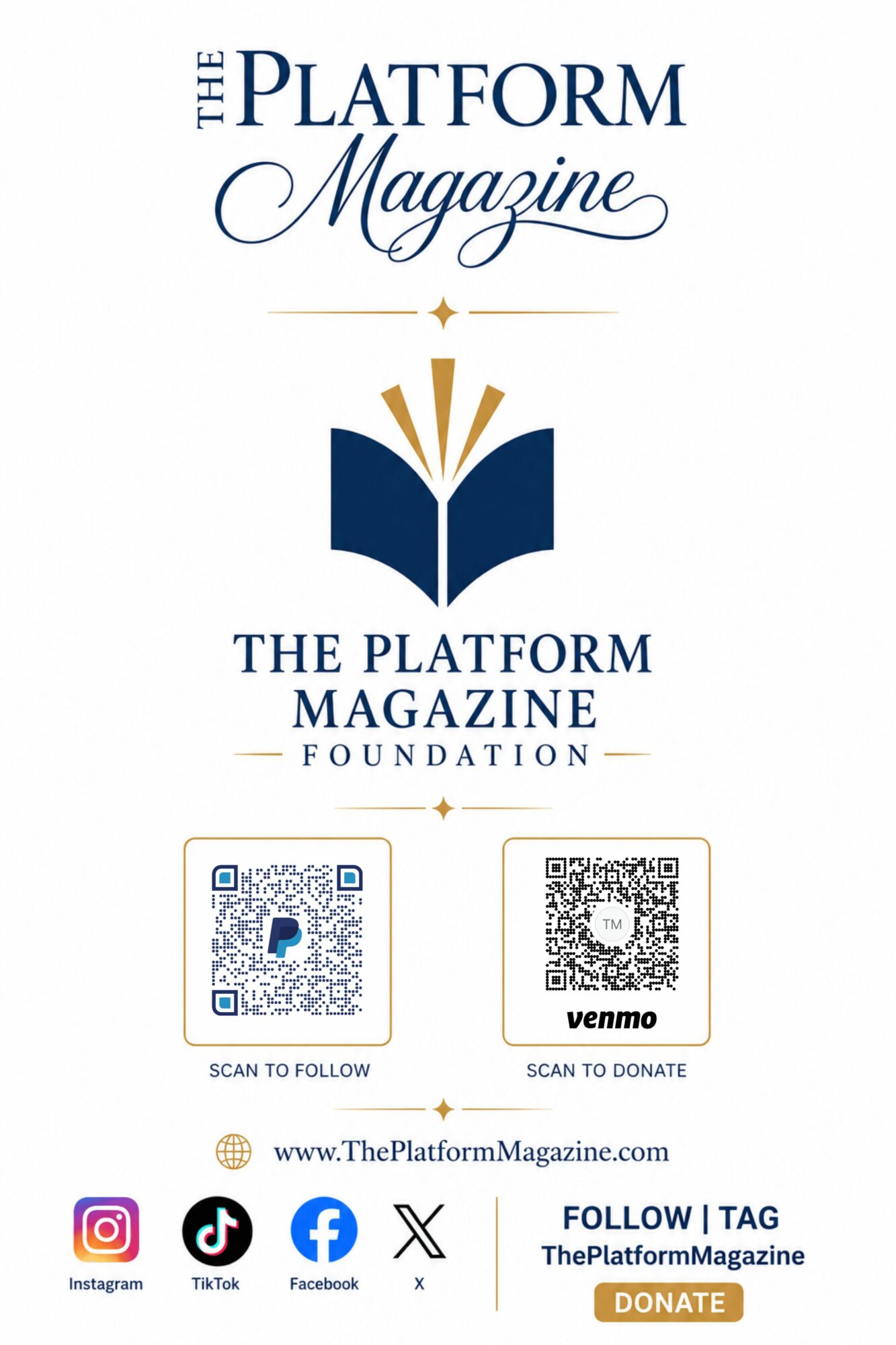Logo with open book and stylized rays, text reading 'The Platform Magazine Foundation', and QR codes for donation and social media.