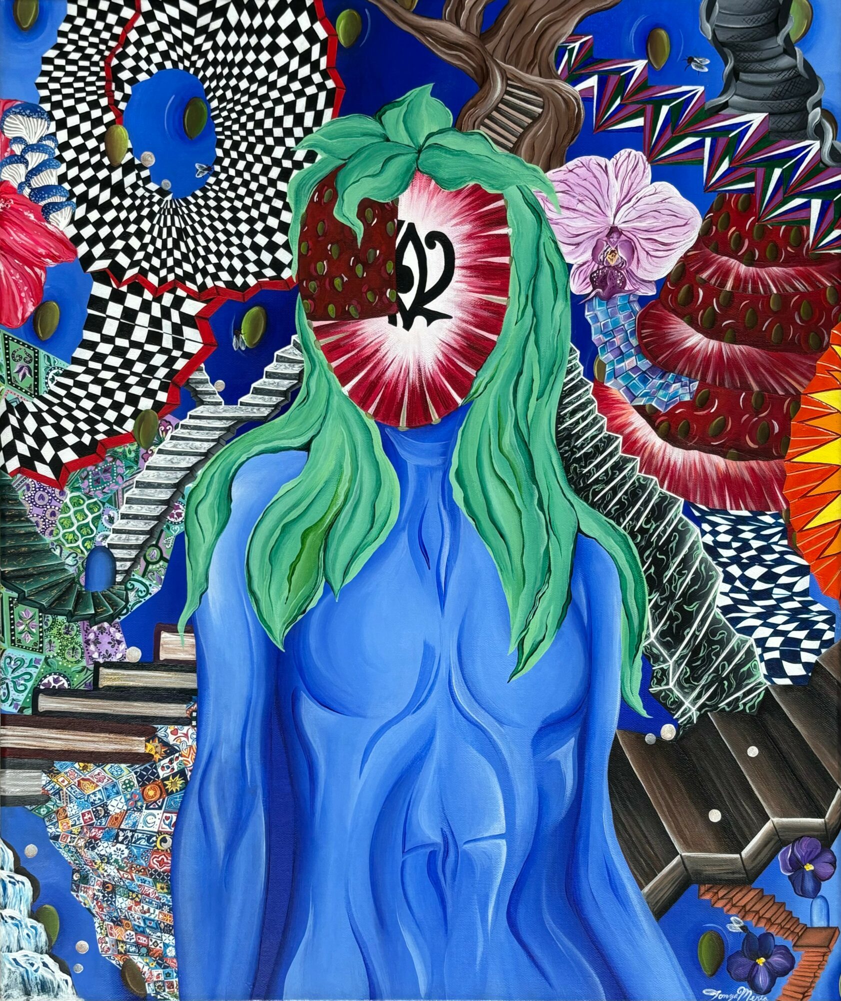 A surreal illustration of a person with green hair and a strawberry head, surrounded by colorful abstract patterns and objects.