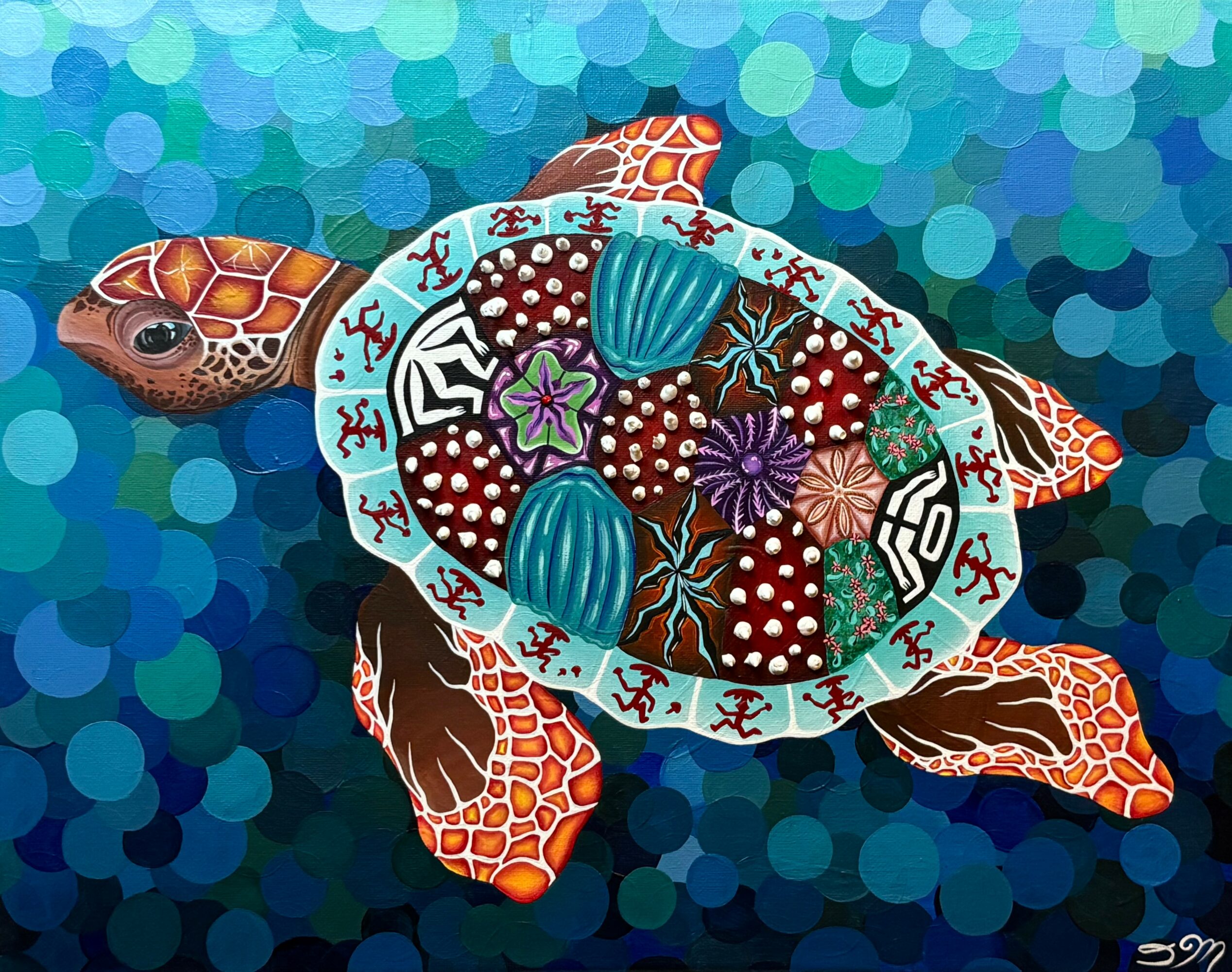 A turtle with a decorated shell swimming in blue water, with a colorful, patterned background.