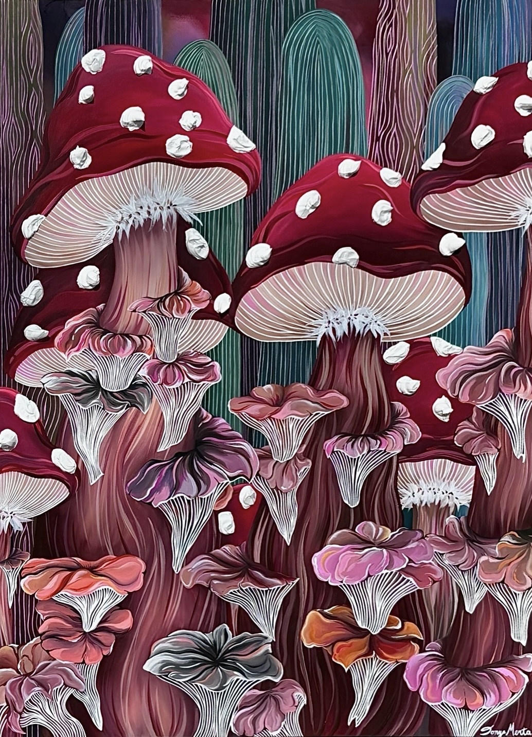 Colorful illustration of red and pink mushrooms with white spots, set against a vibrant background of tall, multicolored plants.