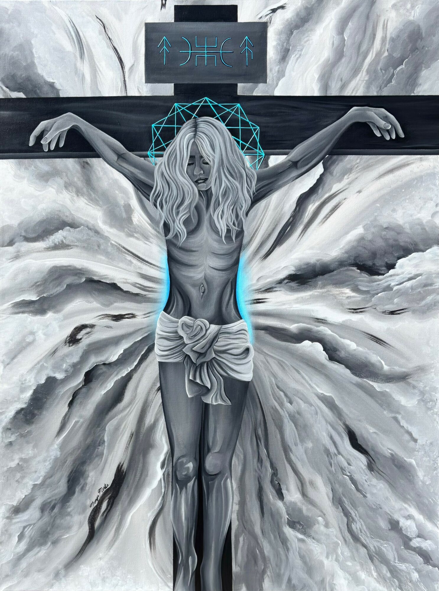 A grayscale painting of a woman with long hair on a cross, with abstract background and blue accents, and a sign above.