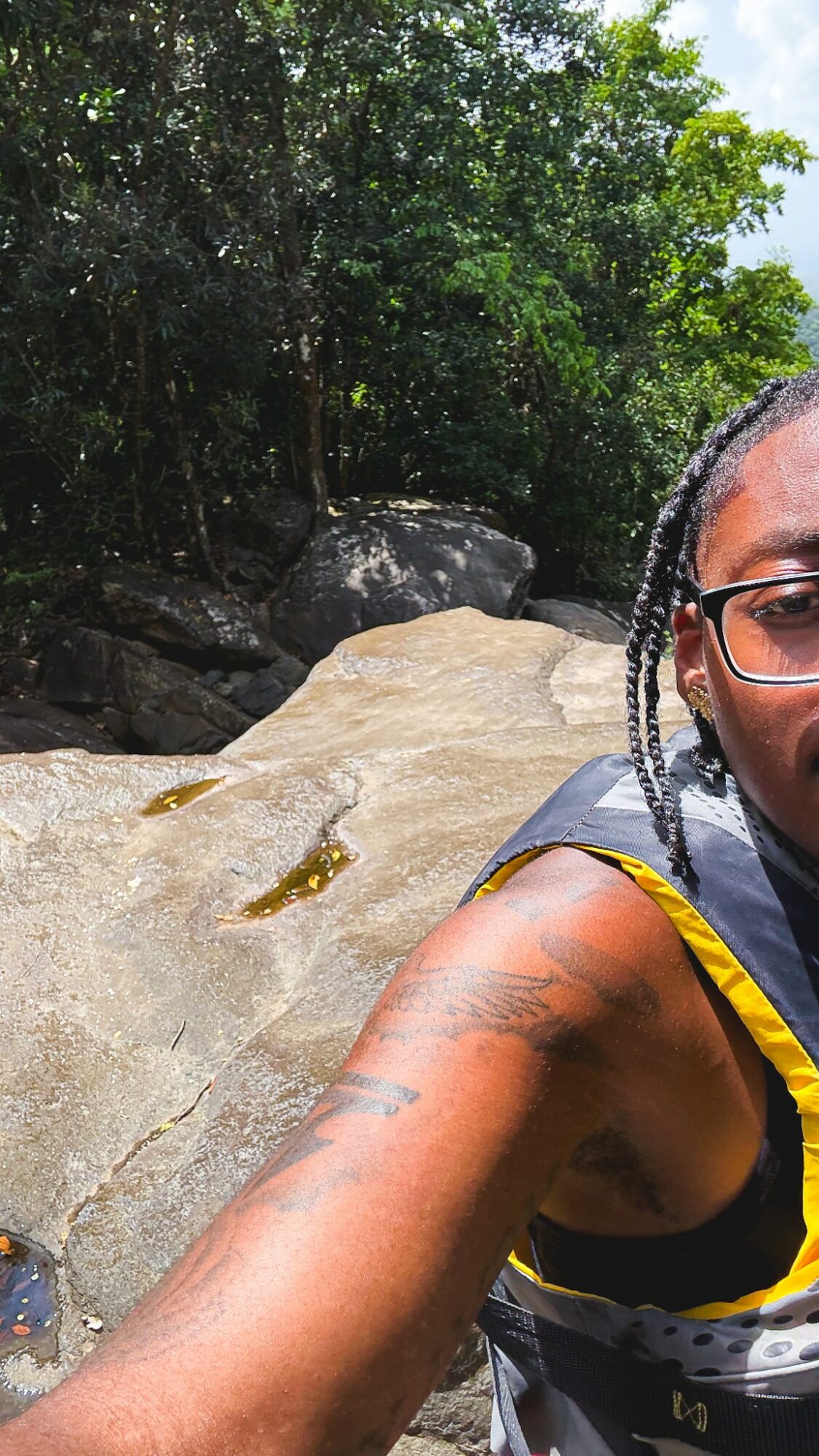 Part of a person with glasses and braided hair, outdoors near rocks and trees, sunny weather.
